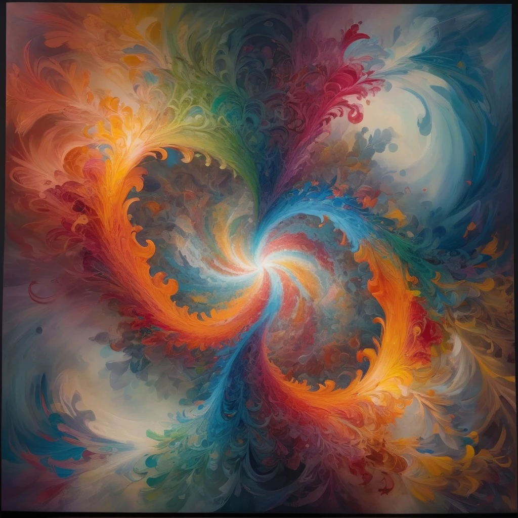 "Imagine an artistic dreamscape that defies conventional constraints, where the canvas itself becomes a living entity. Picture an intricate dance of colors and shapes, swirling together in a mesmerizing display of fluidity and form. Within this kaleidoscopic panorama, fragments of recognizable objects merge with abstract patterns, inviting the viewer to decipher hidden meanings and emotions. The interplay of light and shadow adds depth to the tableau, evoking a sense of mystery and intrigue. This visual masterpiece embodies the essence of limitless creativity, inviting each observer to unravel their own interpretations and stories within its vibrant tapestry."