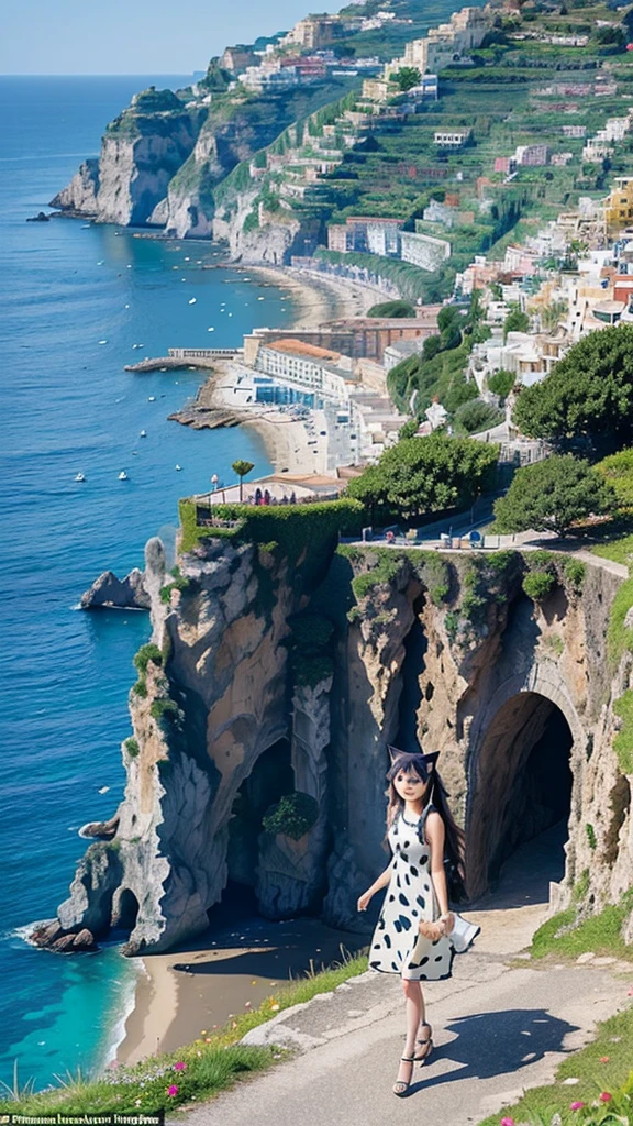 Beautiful girl walking seashore,
the stunning Amalfi Coast in Italy, with viewers enjoying the traditional Italian lemon liqueur, Limoncello, in hand as they take in the breathtaking scenery,
Capture the picturesque coastal villages along the Amalfi Coast, such as Positano, Amalfi, and Ravello, with their colorful buildings cascading down the cliffs towards the azure Mediterranean Sea,
Focus on the rugged coastline, with images of dramatic cliffs, hidden coves, and crystal-clear waters that create a paradise-like setting for relaxation and exploration
(Cat ears:1.3), (Cow pattern dress:1.2),