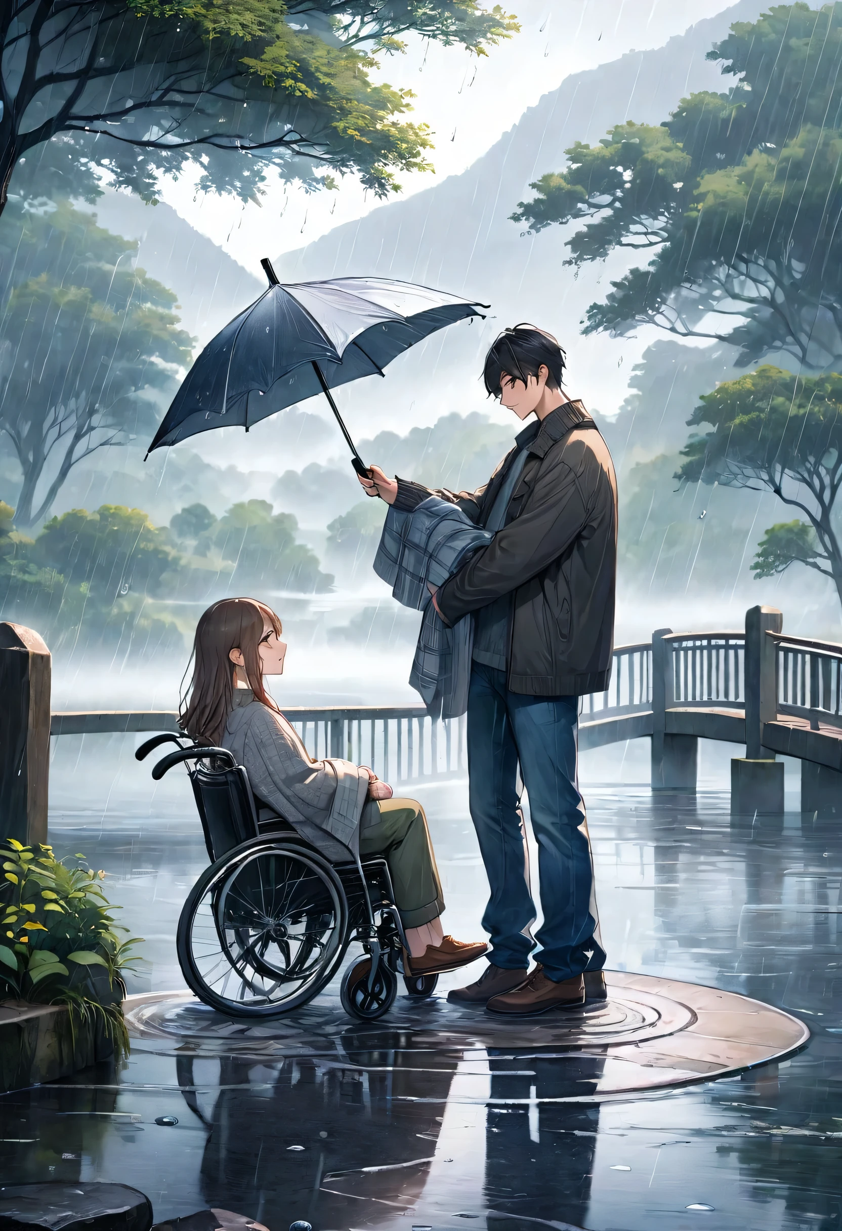 A touching scene on a picturesque bridge during a rainy day. A young man is standing next to a girl sitting in a wheelchair, holding an umbrella over her to keep her dry. The young man has a gentle smile and is dressed in a casual jacket and jeans, while the girl is wearing a warm sweater with a blanket over her lap. The bridge, made of old stone with ornate railings, stretches over a calm river, with raindrops creating ripples on the water's surface. The background showcases a misty, lush landscape with trees and distant hills, adding a romantic and serene ambiance to the scene. The overall mood is one of care, compassion, and serene beauty.