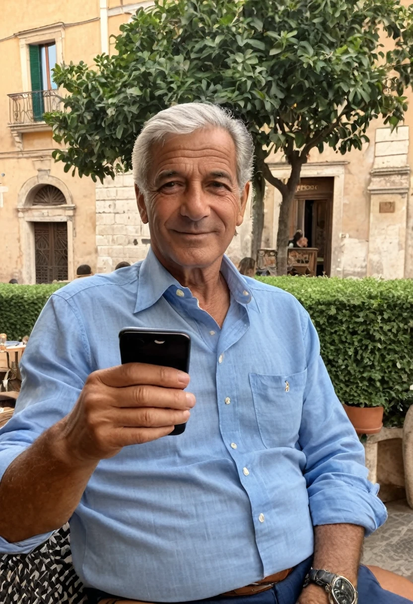 ((65 years old)) a bit ugly Italian engineer, gray short hair, medium build, Mediterranean body and skin tone, blue ralph lauren shirt, business casual Italian style, having an expresso in a typical Rome bar, mobile phone selfie, summertime, sunny day with puffy white small clouds in the sky, serene happy atmosphere, perfect photo portrait, bokeh, 8k detailed, ((hyper realistic establishing shot)), intricate details