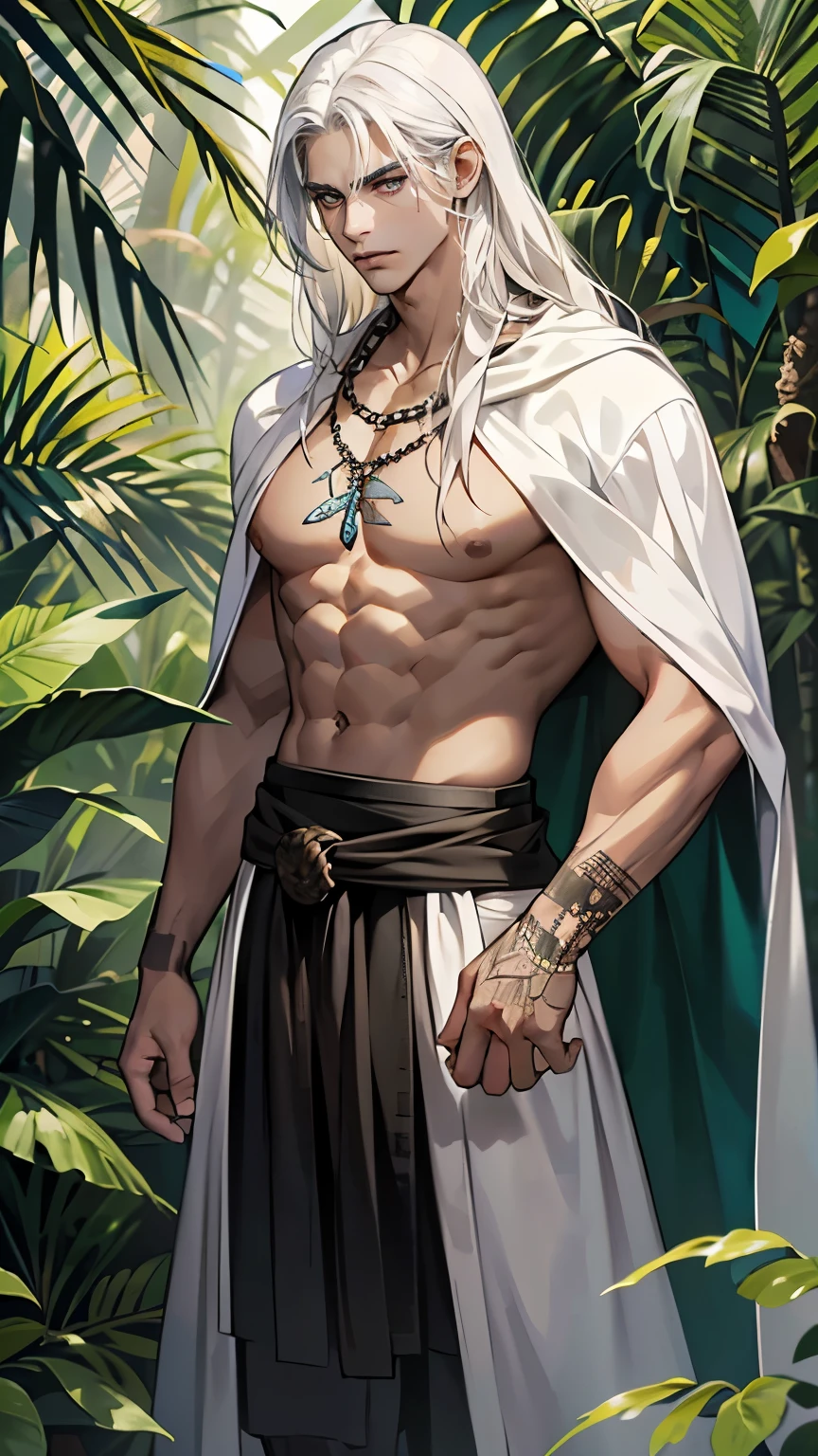 1 boy,tall and strong,perfect male figure, eyes looking at camera.(Amazonian indigenous male), ((dark skin)),( Original tattoo),long white hair, (Skins Cloak，hairy，Skinandage wrist guardeather necklace,serious expression, standing in forest,Rainforest,Ray tracing