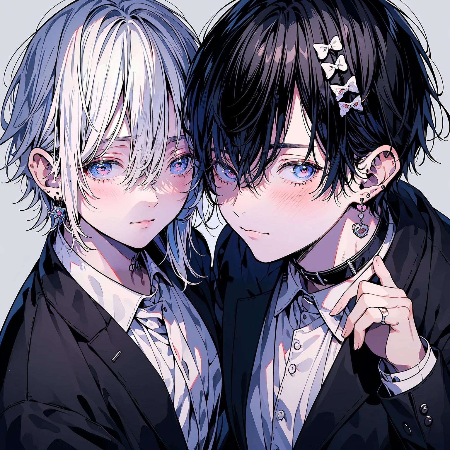 (Mastepiece), (Best Quality), Very detailed, ((Two friendly men)), Perfect Face, Beautiful Face, Very detailed顔,(Black Haired Man:1.3),(Man with white hair:1.3),suit,shirt