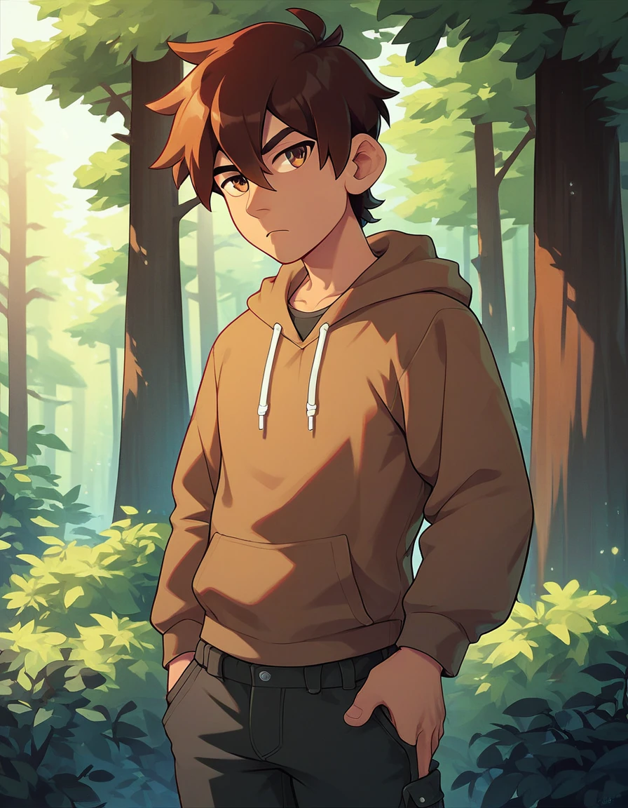 man, alone, serious look, brown hoodie, black cargo pants, long and loose sleeves, medium dark brown hair, hair between eyes, brown eyes, well-detailed, highest quality, forest environment, daytime