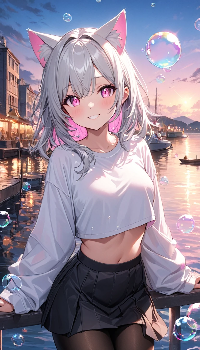 masterpiece,highest quality,Highly detailed face,fine grain,Waterfront,Bubble,Sparkling eyes,Highlighted eyes,Medium chest,pretty girl,smile,Cat ear,Beautiful silver hair,Pink inside,Beautiful pink eyes,Oversized shirt、skirt、black tights, Crop top outfit