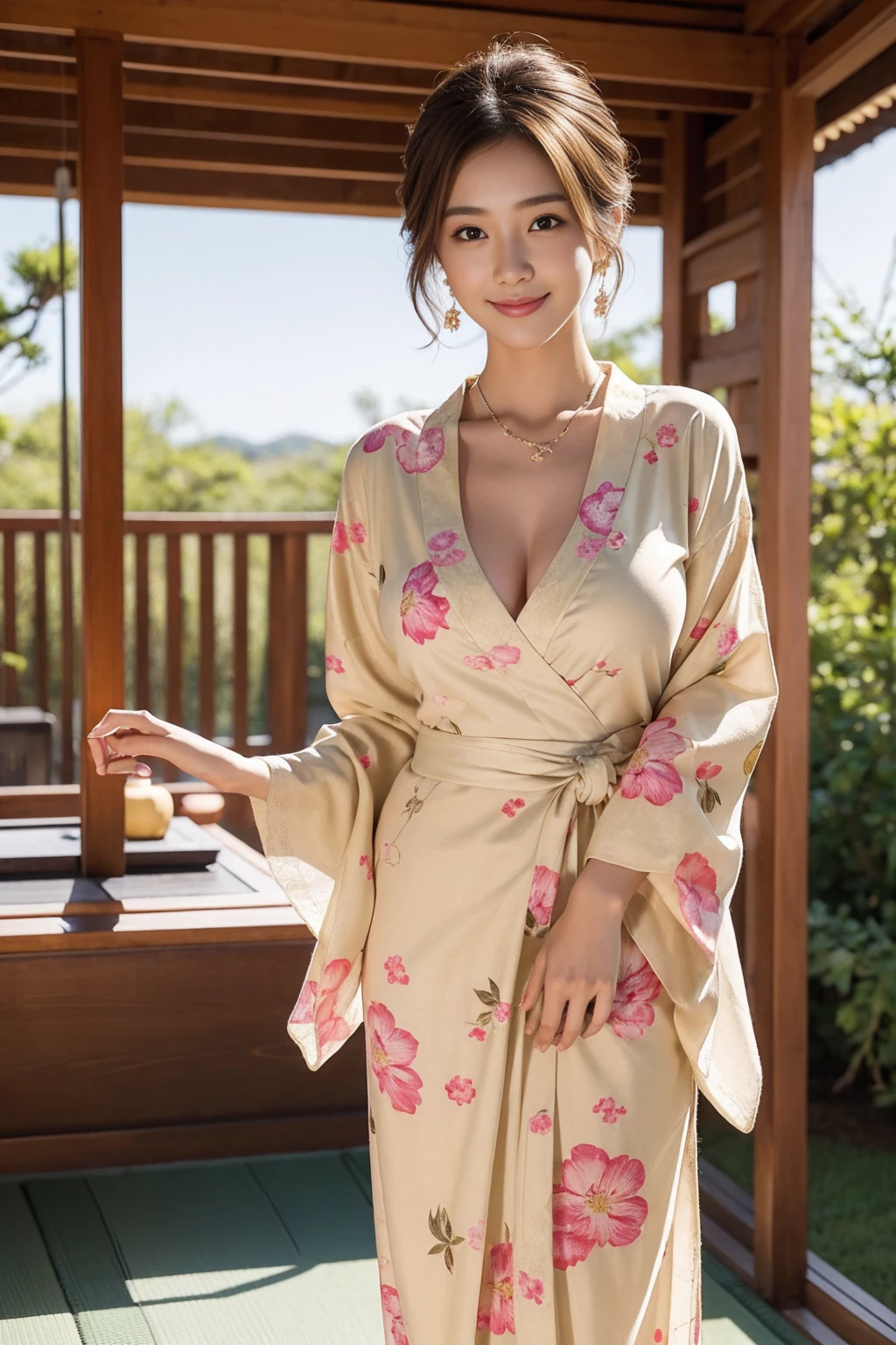 high quality,8K, Detailed facial depiction, Detailed description of the eyes,One Woman, Light brown hair(Short Hair),Beautiful Japanese Girl,24-years-old,Cute eyes,Cute Smile,Yukata beauty,The yellow floral yukata is open and very sexy.,The front of the yukata is open, revealing a sexy bra,Lace underwear,String panties,Slender body, Large, plump breast size, Long and beautiful legs,Smiling, Colorful earrings,necklace,Are standing,Beautiful nape,Japan tatami room,Feminine gestures,Dry landscape garden,wind chimes,