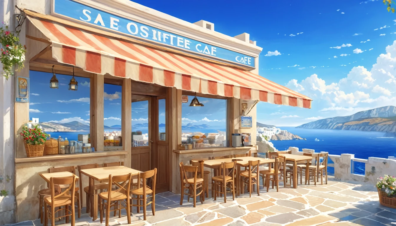 masterpiece, Highest quality, Super detailed, Seaside cafe, scenery, over the counter, Greece, cloud, Outdoor, null, street,building, Realistic