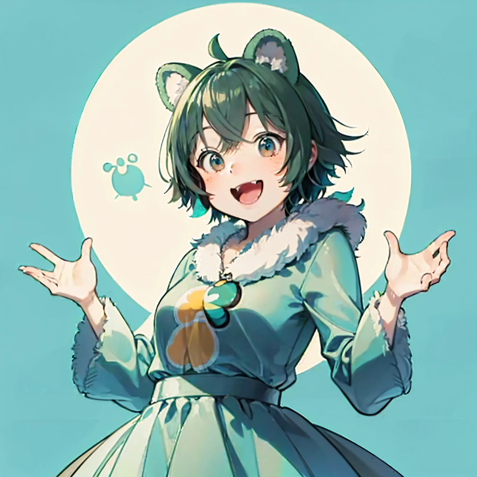 Green fur bear,Pixar-like refined characters,Disney,2:2,Body shape like Doraemon,Ultra HD,fur,Looking at me and laughing,Mouth open,Raising one hand,The belly is white,ears are big,Doll-like cuteness,More realistic