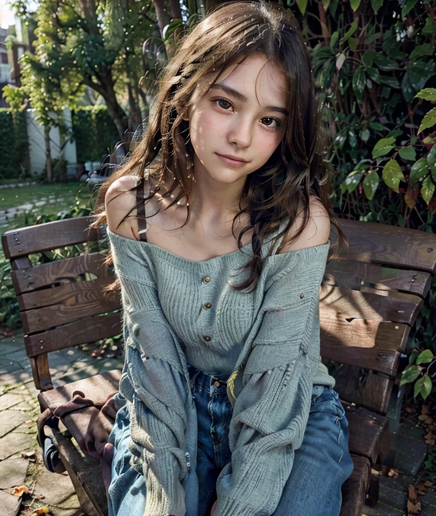 Digital illustration of a 17 year old woman sitting alone on a park bench in the afternoon. He wore casual clothes, like oversized sweaters and jeans. Her hair is long and flowing, slightly blown by the wind. His expression looks dreamy or contemplative, with a garden background filled with trees and fallen leaves all around. The afternoon sun gives a warm and shady feel to the whole picture."