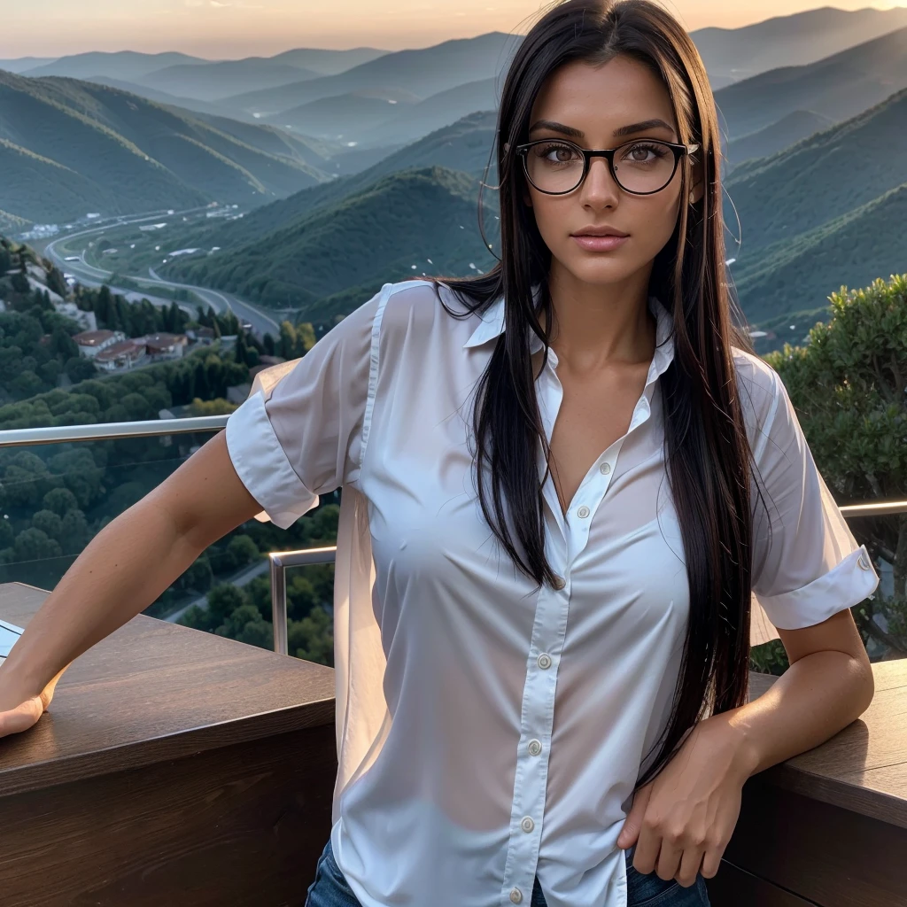 beautiful german female with tanned face, dark hazelnut eyes, wearing a white shirt, very detailed eyes, intense gaze, slim nose, naso molto sottile e fine, wearing small glasses, long black hair with highlights, soft light, sunset sky on a mountain terrace with a wide monitor showing diagrams in the background