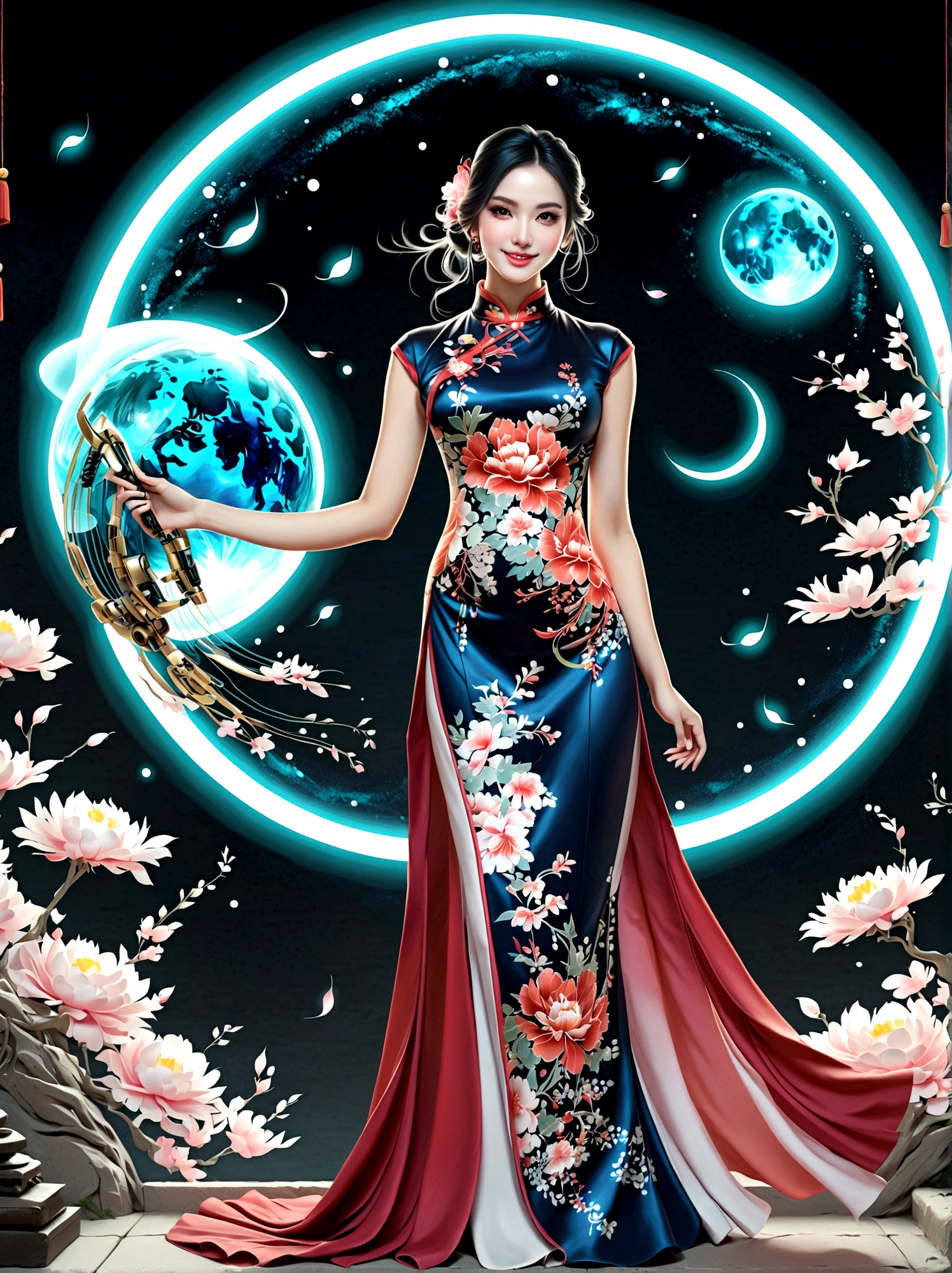 (full-body shot:1.4), Space Art, 1 Cheongsam woman，whole body，Standing，Transparent robotic arm，slim body，Perfect proportions，Exquisite hair accessories，Smile，Transparent mechanical shoes，Oriental elements，(bokeh)，high quality，4K，3d