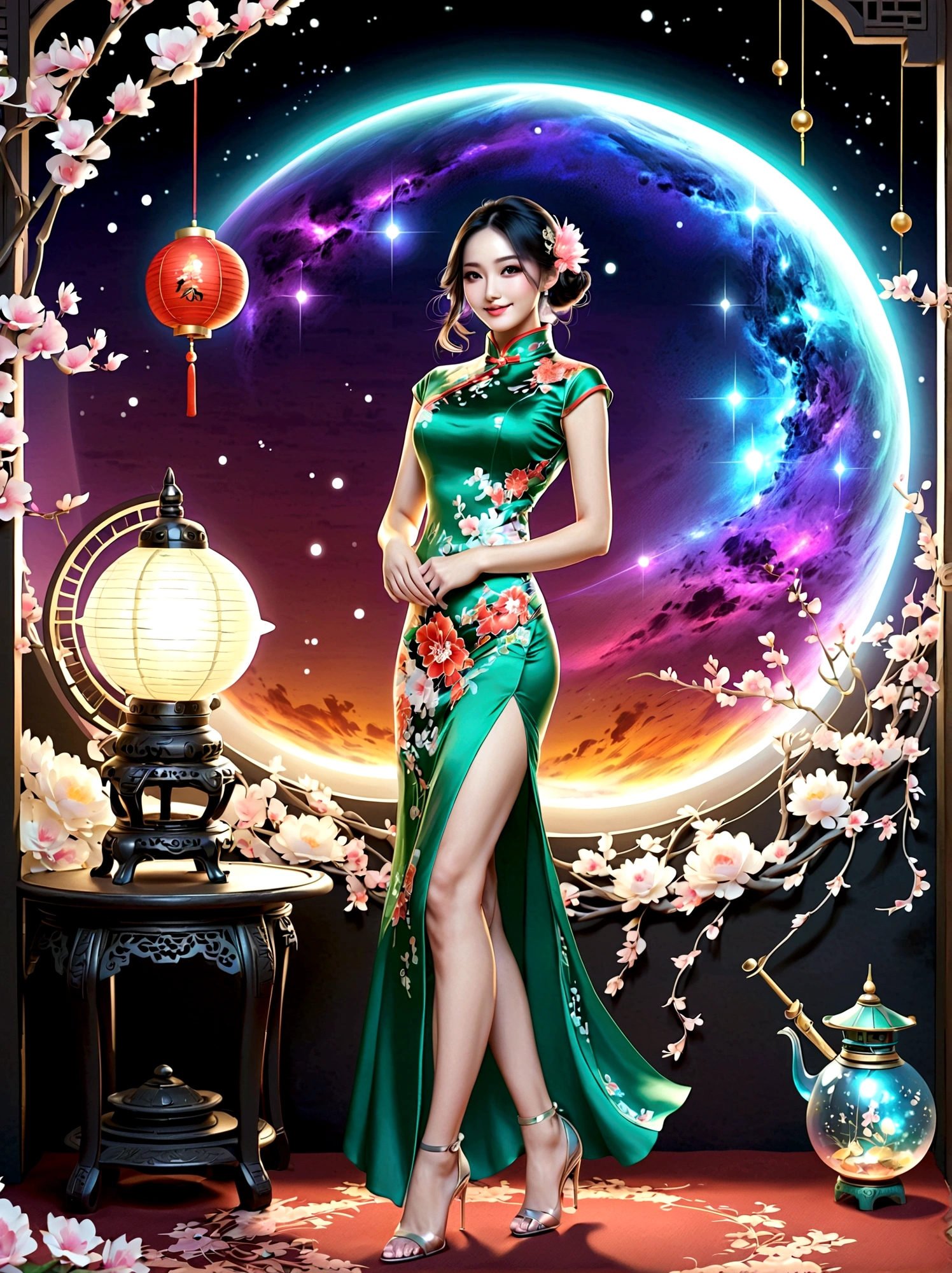 (full-body shot:1.4), Space Art, 1 Cheongsam woman，whole body，Standing，Transparent robotic arm，slim body，Perfect proportions，Exquisite hair accessories，Smile，Transparent mechanical shoes，Oriental elements，(bokeh)，high quality，4K，3d