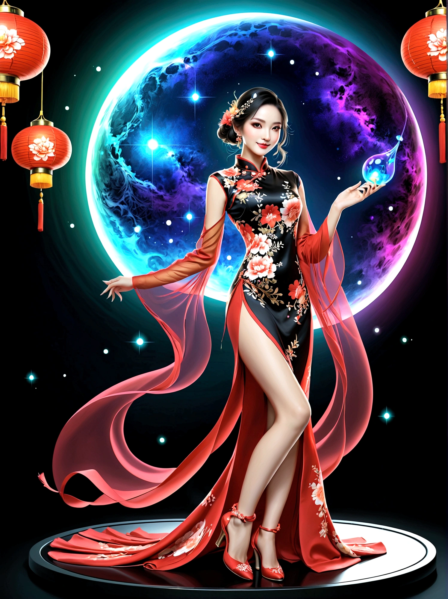 (full-body shot:1.4), Space Art, 1 Cheongsam woman，whole body，Standing，Transparent robotic arm，slim body，Perfect proportions，Exquisite hair accessories，Smile，Transparent mechanical shoes，Oriental elements，(bokeh)，high quality，4K，3d