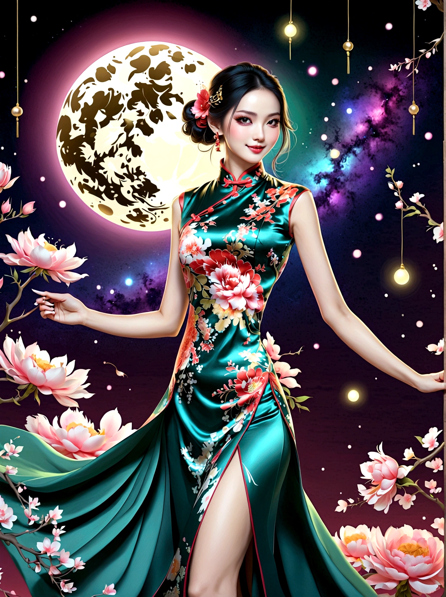 (full-body shot:1.4), Space Art, 1 Cheongsam woman，whole body，Standing，Transparent robotic arm，slim body，Perfect proportions，Exquisite hair accessories，Smile，Transparent mechanical shoes，Oriental elements，(bokeh)，high quality，4K，3d