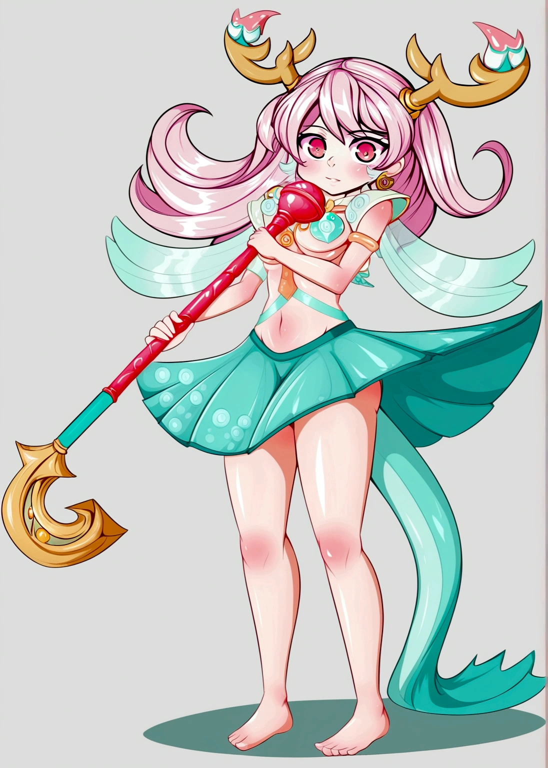 Cartoon anime style,girl,Pink hair,antlers,skirt,Scepter,Barefoot