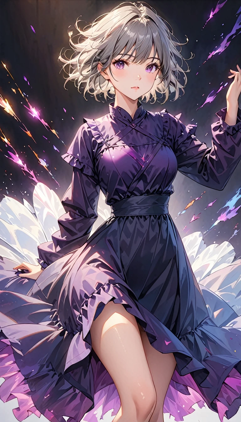 ((Top Quality)), ((Masterpiece)), (Detail), high resolution, Perfect Face, Fine Eyes, Depth of Field, Special Shading, (photorealistic), (full body), (1 beautiful girl), sharp eyes, keep an eye on, medium breasts, (grey hair, vary short hair, messy hair), ((Dark looking outfits, Knightly Dresses)) BREAK (aura effect1.2), She wears a purple aura, battle formation, Light particles, (simple black background)