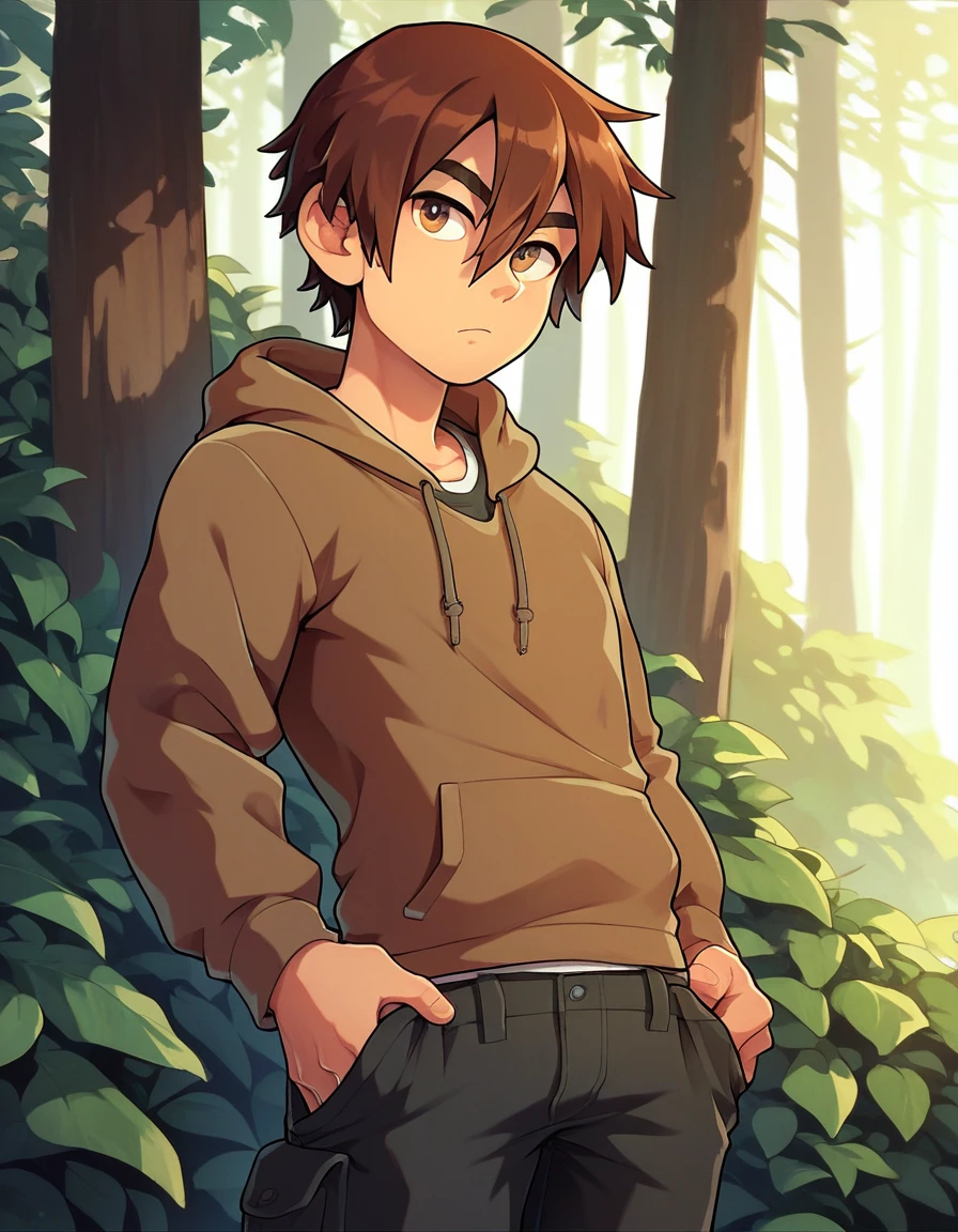 solo man, serious expression, brown hoodie, black cargo pants, long sleeves, baggy, dark brown hair, medium length, hair between eyes, brown eyes, highly detailed, top quality, forest, daylight