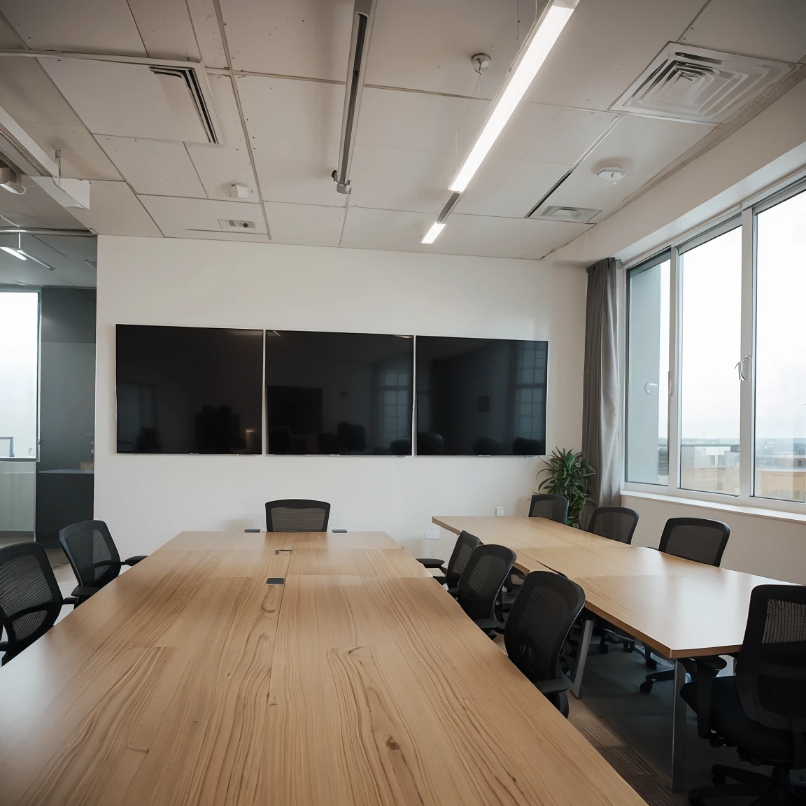 A business meeting room with split pay integration on a large screen, professionals engaged in discussion, modern office environment. Neutral tones, professional atmosphere, near view. Created Using: corporate photography, realistic lighting, professional equipment, clean lines, structured composition, high detail, business aesthetics, natural look --v 6.0