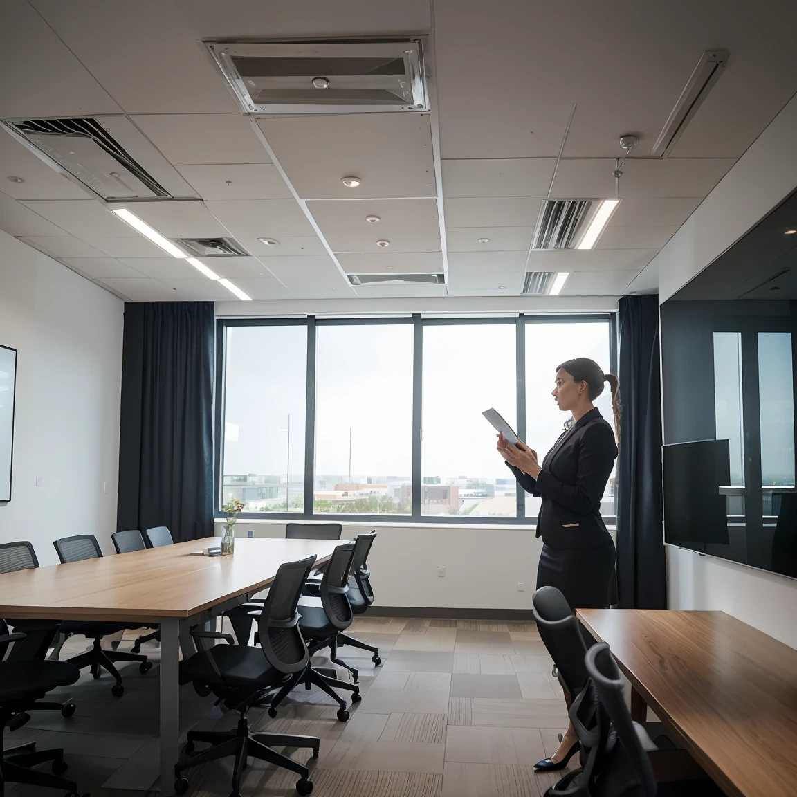 A business meeting room with split pay integration on a large screen, professionals engaged in discussion, modern office environment. Neutral tones, professional atmosphere, near view. Created Using: corporate photography, realistic lighting, professional equipment, clean lines, structured composition, high detail, business aesthetics, natural look --v 6.0