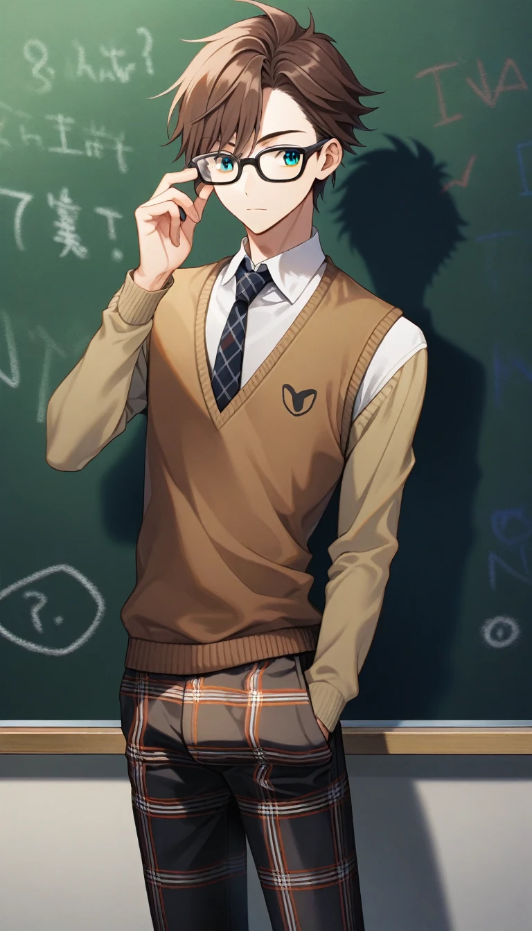 score_7, score_8, 1man, ((solo)), nerd, a handsome man, brown hair, styled hair, adjusting glasses, bulge in pants, sharp eyes, black glasses, in front of a chalkboard, skinny body type, teacher, sweater vest, tie, plaid pants