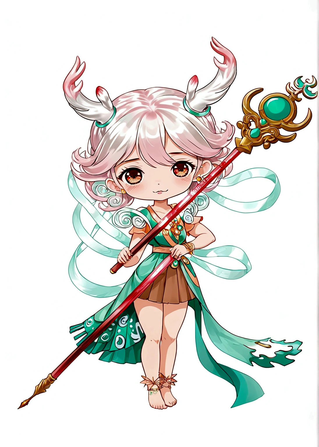 Cartoon anime style，girl，Pink hair，antlers，skirt，Scepter，Barefoot