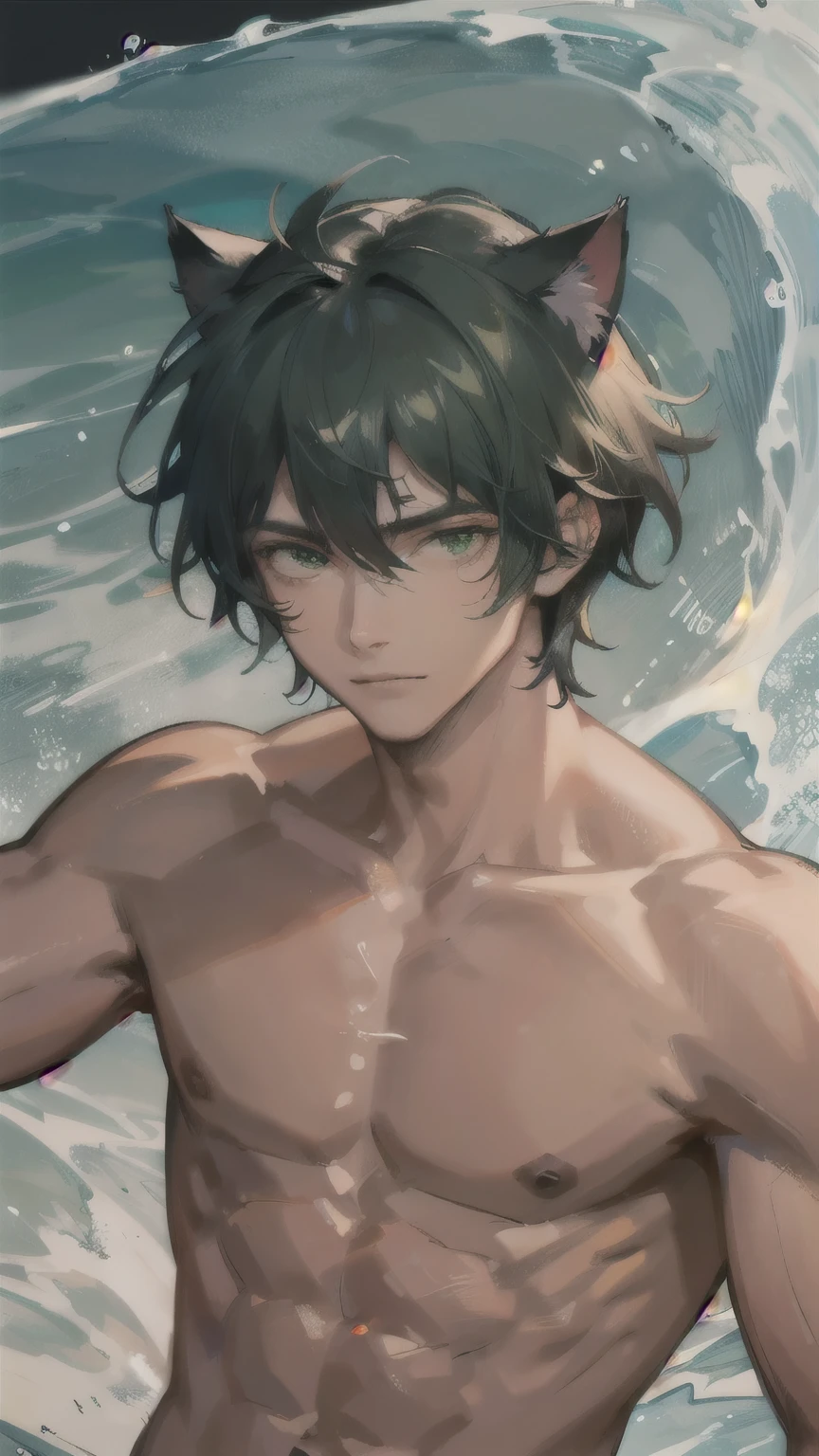 dark tanned skin,Handsome boy, Cat ears and tail, Shining eyes, (((Messy green short hair))), Very detailed portrait. The focus should be on his extremely detailed face,,muscular,Abdominal muscles,Chest muscles,Topless,surf