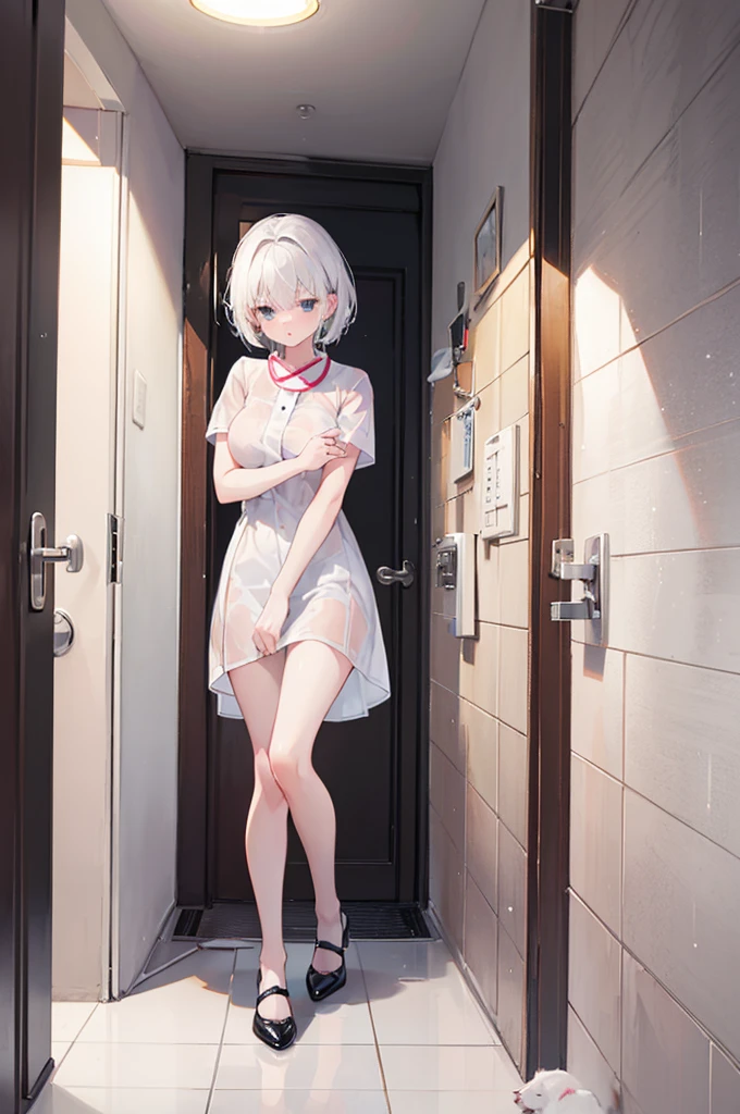 1 girl, white short hair, white shirt and skirt nurse, cat hair style, wet, rainy, in a hotel, Perlica, shouting, white underwear, cum, cat hair, black heels, medium, wearing black bangle, 