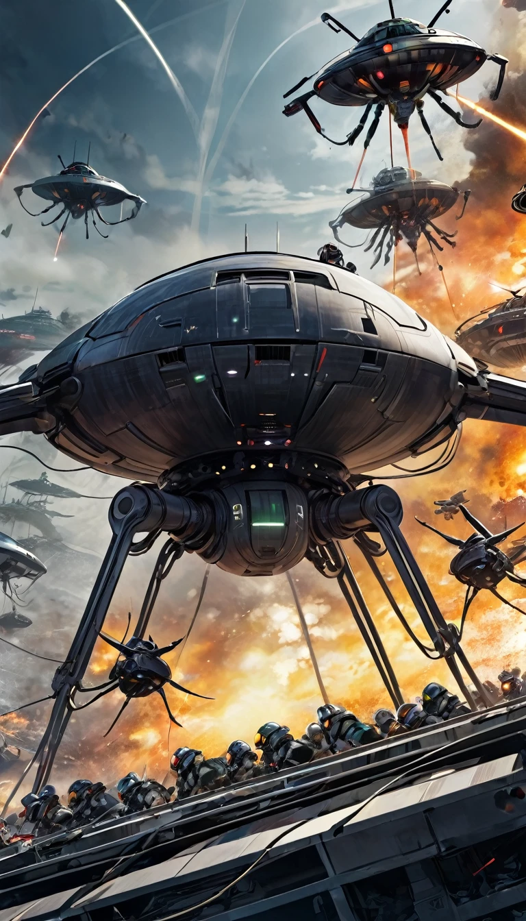 War of the Worlds,Countless fighters,Cockpit perspective,planetes,in fighting,close battle,Crisis,Nervousness,explosions,tragedy,droid,Masterpiece,high-detail,perfect-composition,the golden ratio,8K