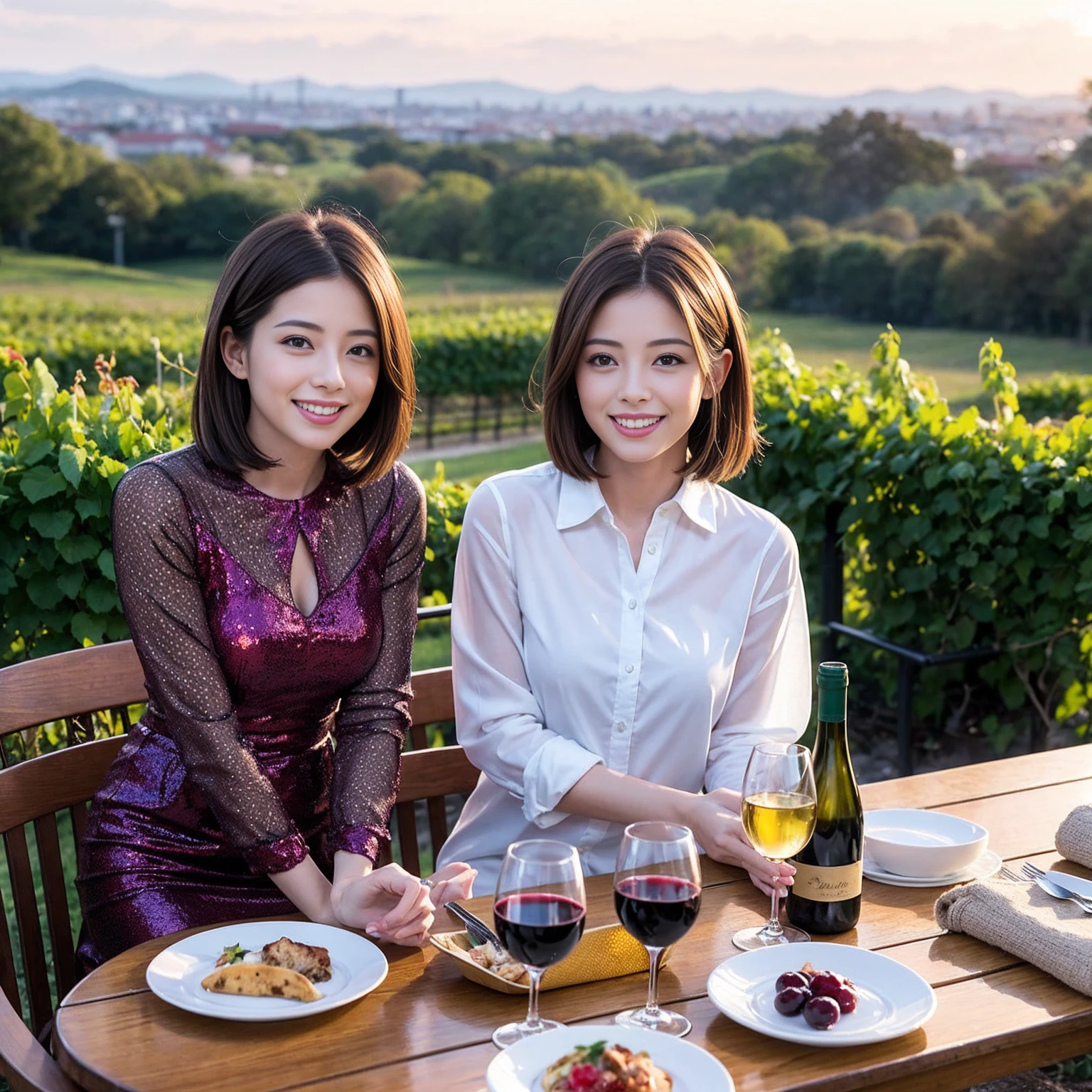 ((Highest quality、、masterpiece:1.3))、 (Genuineistic, Genuine、Bright image、Intricate details:1.2), 最高のsmile、1 male、1 female、The body is slim、Beautiful couple、Satomi Ishihara-like lover、Good friends、actress couple、smile、Full-course dinner at a packed table、 (Slim face), (the body is slim), (Brown Hair), (short hair), テーブルのwine glass、Please shine a light on my face、 Amazing view of the sunset sky and clouds、 (Age 35)38 years old, red wine 、Wine bottle、sparkling wine、Long sleeve shirt、dress、White wine, red wine, wine glass,