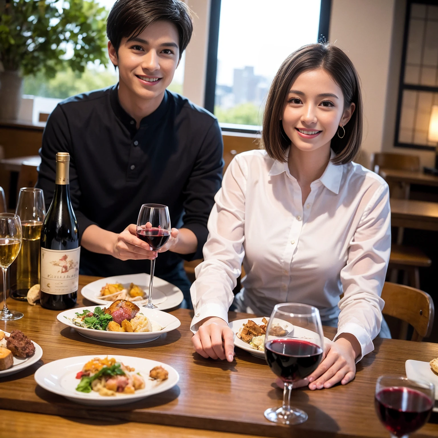 ((Highest quality、、masterpiece:1.3))、 (Genuineistic, Genuine、Bright image、Intricate details:1.2), 最高のsmile、1 male、1 female、The body is slim、Beautiful couple、Satomi Ishihara-like lover、Good friends、actress couple、smile、Full-course dinner at a packed table、 (Slim face), (the body is slim), (Brown Hair), (short hair), テーブルのwine glass、Please shine a light on my face、 Amazing view of the sunset sky and clouds、 (Age 35)38 years old, red wine 、Wine bottle、sparkling wine、Long sleeve shirt、dress、White wine, red wine, wine glass,