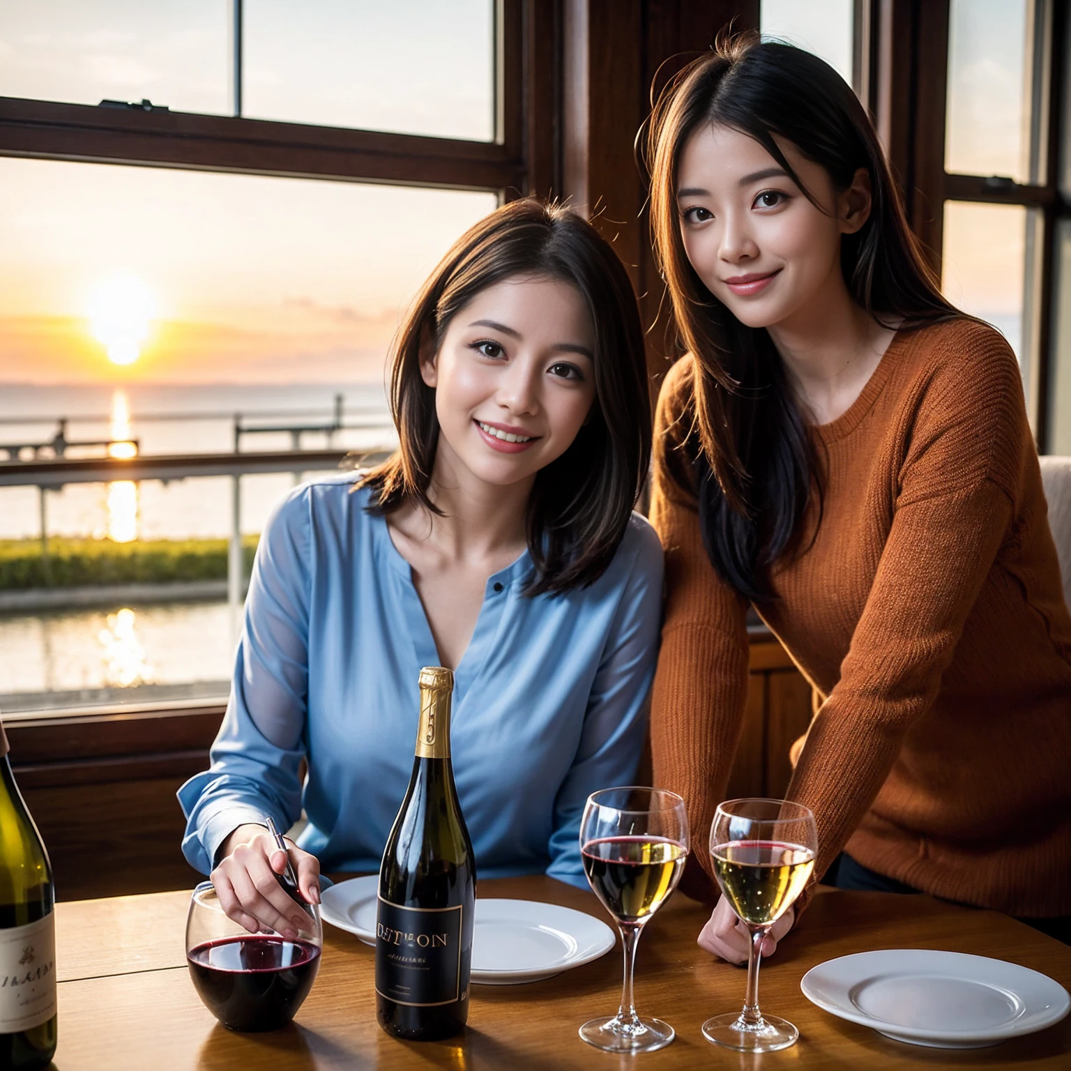 ((Highest quality、、masterpiece:1.3))、 (Genuineistic, Genuine、Bright image、Intricate details:1.2), 最高のsmile、1 male、1 female、The body is slim、Beautiful couple、Satomi Ishihara-like lover、Good friends、actress couple、smile、Full-course dinner at a packed table、 (Slim face), (the body is slim), (Brown Hair), (short hair), テーブルのwine glass、Please shine a light on my face、 Amazing view of the sunset sky and clouds、 (Age 35)38 years old, red wine 、Wine bottle、sparkling wine、Long sleeve shirt、dress、White wine, red wine, wine glass,
