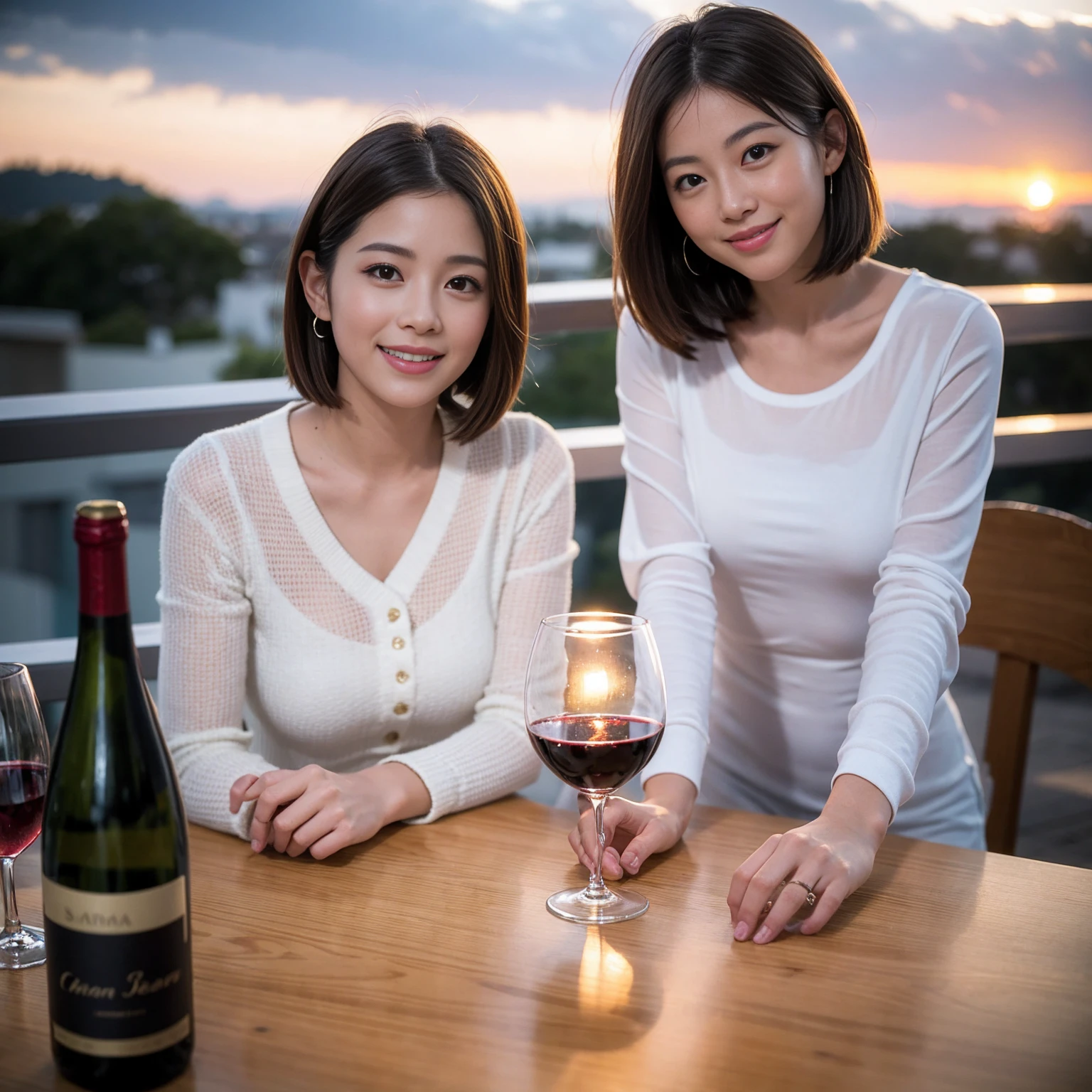 ((Highest quality、、masterpiece:1.3))、 (Genuineistic, Genuine、Bright image、Intricate details:1.2), 最高のsmile、1 male、1 female、The body is slim、Beautiful couple、Satomi Ishihara-like lover、Good friends、actress couple、smile、Full-course dinner at a packed table、 (Slim face), (the body is slim), (Brown Hair), (short hair), テーブルのwine glass、Please shine a light on my face、 Amazing view of the sunset sky and clouds、 (Age 35)38 years old, red wine 、Wine bottle、sparkling wine、Long sleeve shirt、dress、White wine, red wine, wine glass,