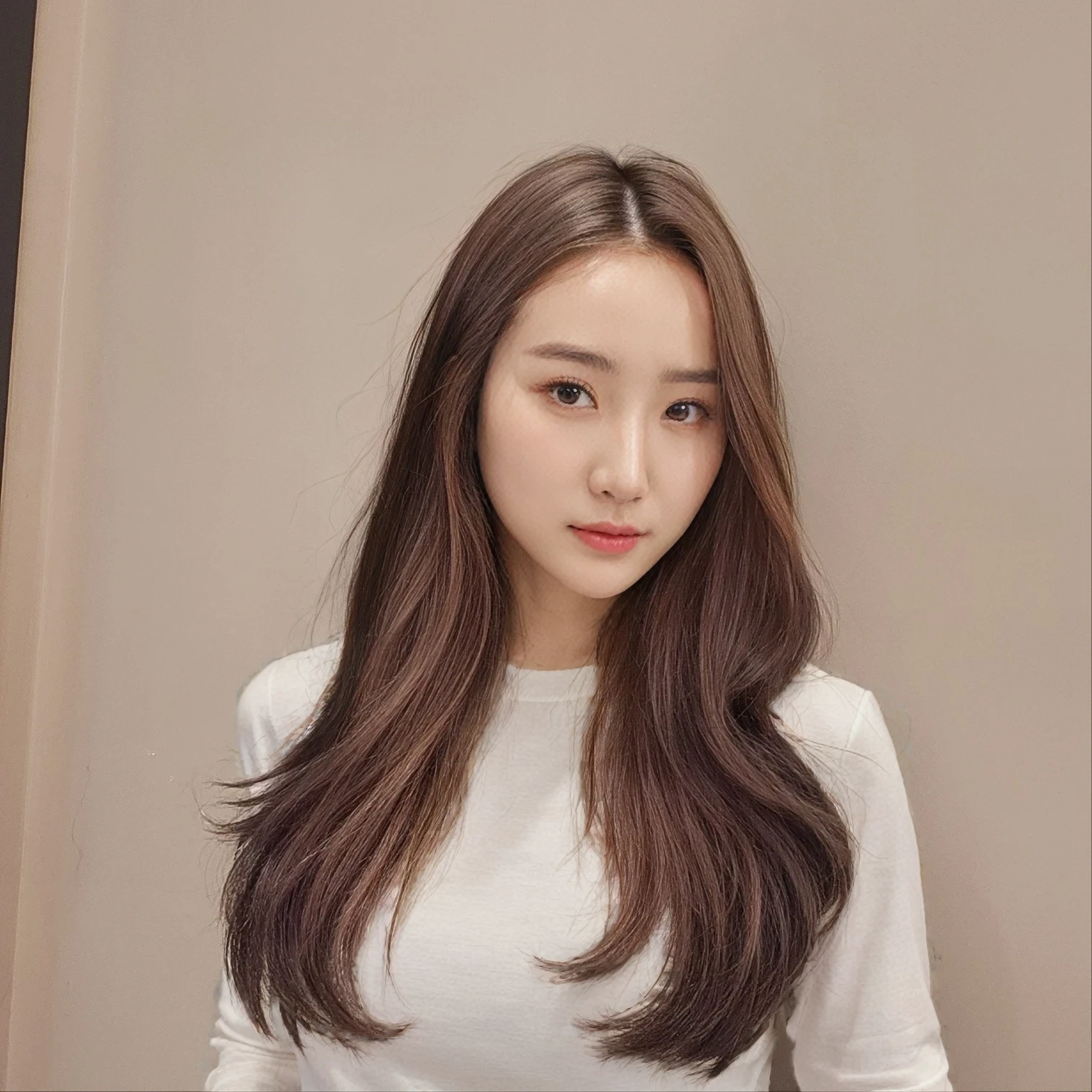 Best Quality, 8k, Masterpiece, (Portrait: 1.3), (photo realistic:1.4), (hyper realistic:1.4), Sharp Focus, looking at viewer, (smoother lighting:1.1), (increase cinematic lighting quality:0.9), realistic lighting, backlighting, light on face, ray trace, (brightening light:1.2), (Increase quality:1.4), sharp detail, (best quality real texture skin:1.4), finely detailed eyes, black_eyes, finely detailed face, 25 year old Korean woman, (yellow t_shirt:1.4), (Create an image maintaining the original base model hairstyle:1.5)