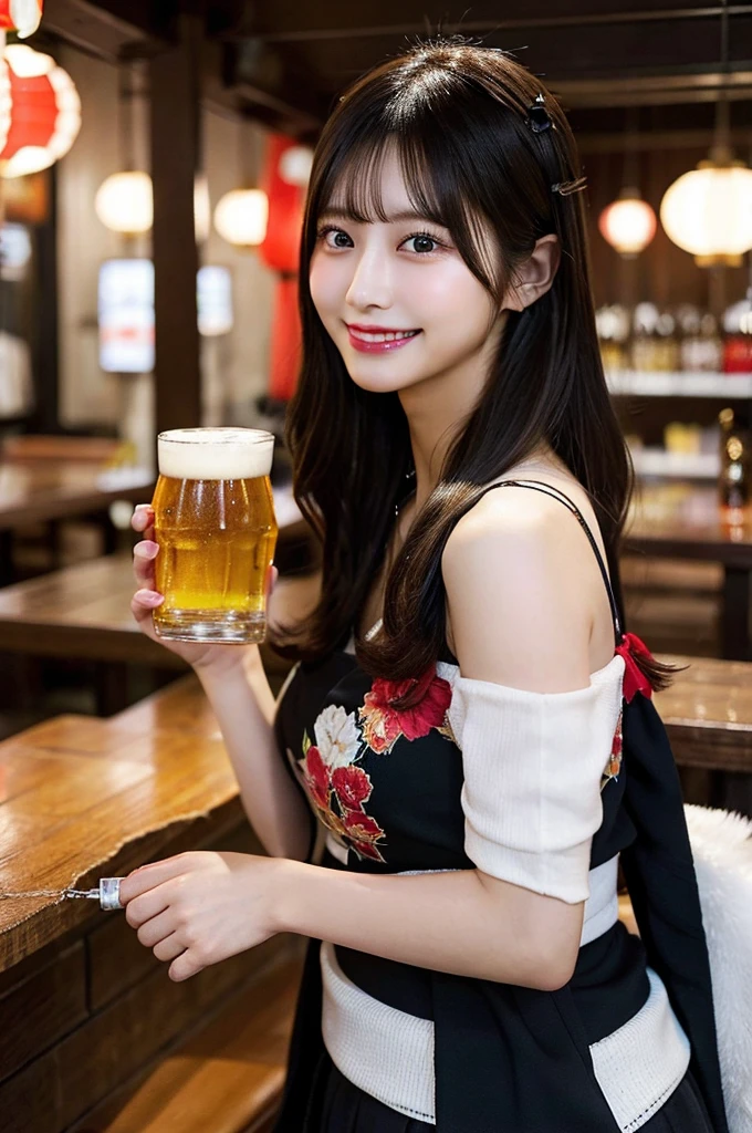 最high quality,Very detailed,finely,High resolution,8K壁紙,Perfect dynamic composition,Young Japanese Woman,Age 25, Black Hair, thin, 4K, 8K, high quality, beauty, smile, White teeth,Beautiful Eyes, Characterized by simplicity, High resolution,1 person,Japanese Idols,Large Breasts,,Slender body,Good style,Landmine Makeup,Red cheeks,Popular Izakaya,Trying to make a toast with beer,Holding a beer in one hand,Red lanterns inside the shop