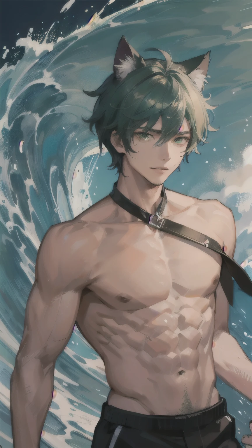 dark tanned skin,Handsome boy, Cat ears and tail, Shining eyes, (((Messy green short hair))), Very detailed portrait. The focus should be on his extremely detailed face,,muscular,Abdominal muscles,Chest muscles,Topless,surf