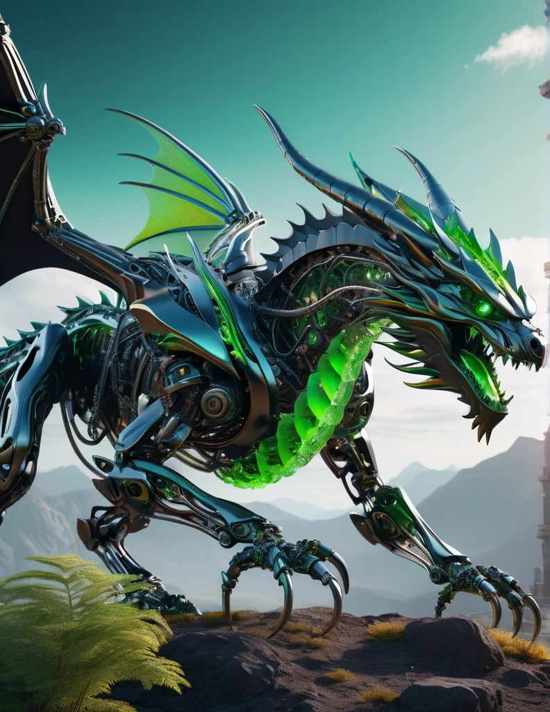 Complex 3d rendering ultra-detailed beautiful dragon , biomechanical robot, simulated 150mm shot, beautiful natural soft edge light, crystal , roots, colorful details, intricate details, mesh threads, mandelbro fractals, body muscles, cable wires, microchips, badasses, surreal, ultra-detailed, octane rendering, volumetric lighting, 8k post-production, black and white with a touch of green , metallic skeleton details, half-animal , futuristic landscape , flying 