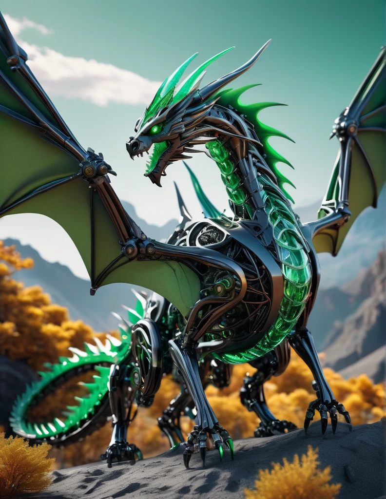 Complex 3d rendering ultra-detailed beautiful dragon , biomechanical robot, simulated 150mm shot, beautiful natural soft edge light, crystal , roots, colorful details, intricate details, mesh threads, mandelbro fractals, body muscles, cable wires, microchips, badasses, surreal, ultra-detailed, octane rendering, volumetric lighting, 8k post-production, black and white with a touch of green , metallic skeleton details, half-animal , futuristic landscape , flying
