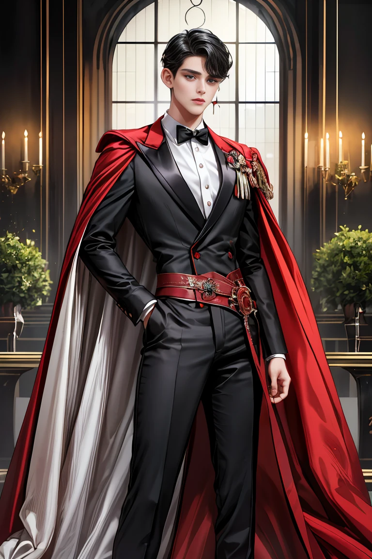 masterpiece, 最high quality, high quality, 1 boy, alone, Male focus, Watching the audience, Messy black hair, Adorable big blue eyes, White people, Noble, Noble,Sexy voluminous black and red cape、Tuxedo、A very voluminous, large, very large, very large, long, long red and black cape with a high stand-up collar, reaching down to the floor, made of a lot of fabric., 17 years old,Cute beautiful boys,Cute, cute, kind, handsome guy