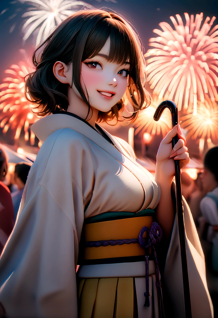 Looking at the camera,(((Highest quality, 8K, masterpiece))), Sharp focus, (Beautiful woman with perfect figure), thin, (Hairstyle: superior)), ((kimono: Cane)), street: 1.2 非常に詳細な顔と肌の質感 詳細な目 double eyelid ランダムな姿勢, (smile),ssuperiorer cute Japan person,ssuperiorer beauty Japanese girl, Realistic Face, double eyelid,smile,Summer festival , At sunset , Beautiful Teeth , Fireworks Background.