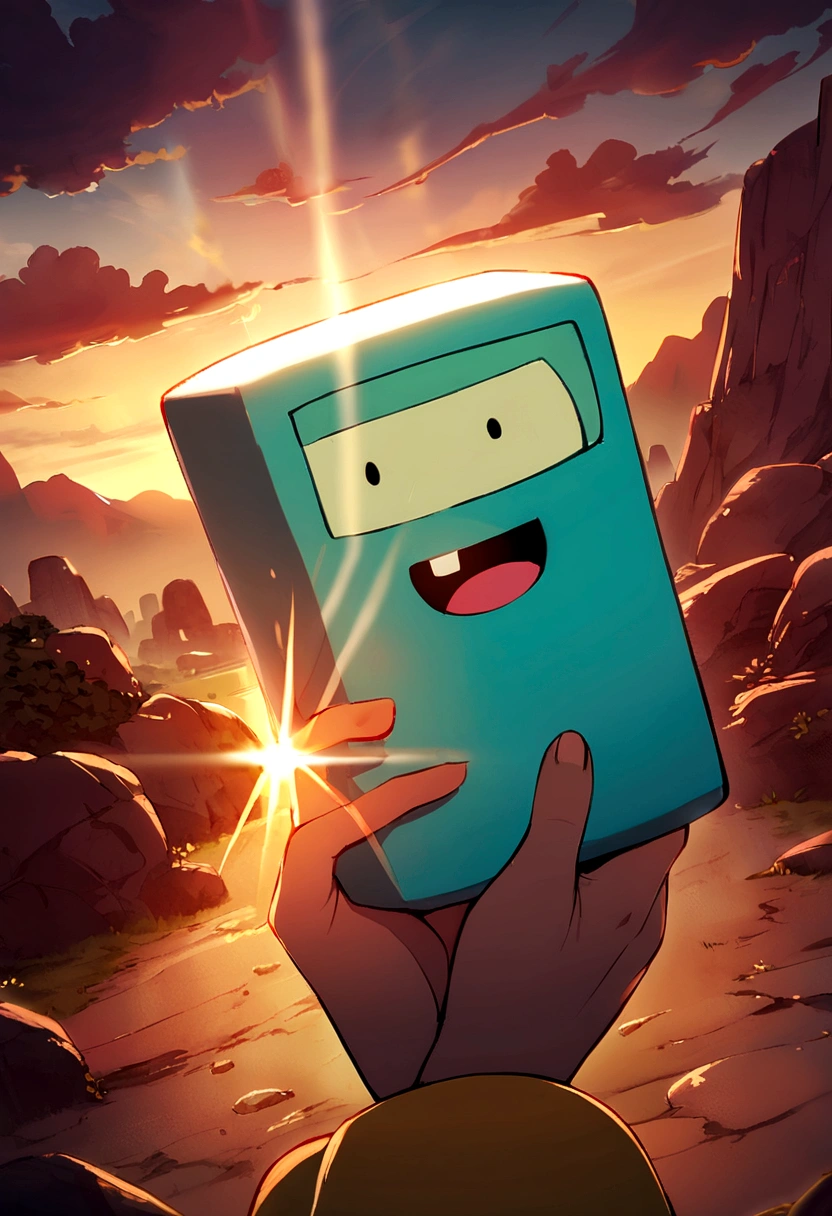 bmo from adventure time, is held in hands.