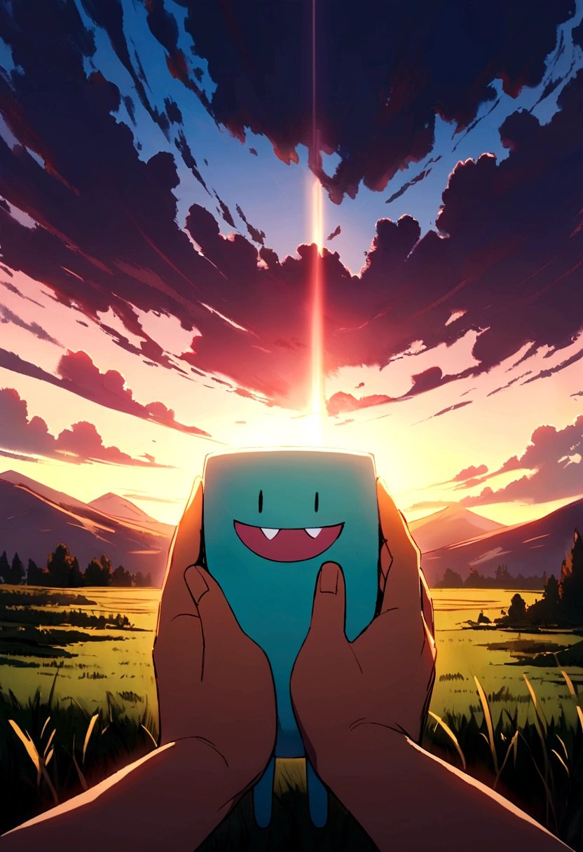 bmo from adventure time, is held in hands.