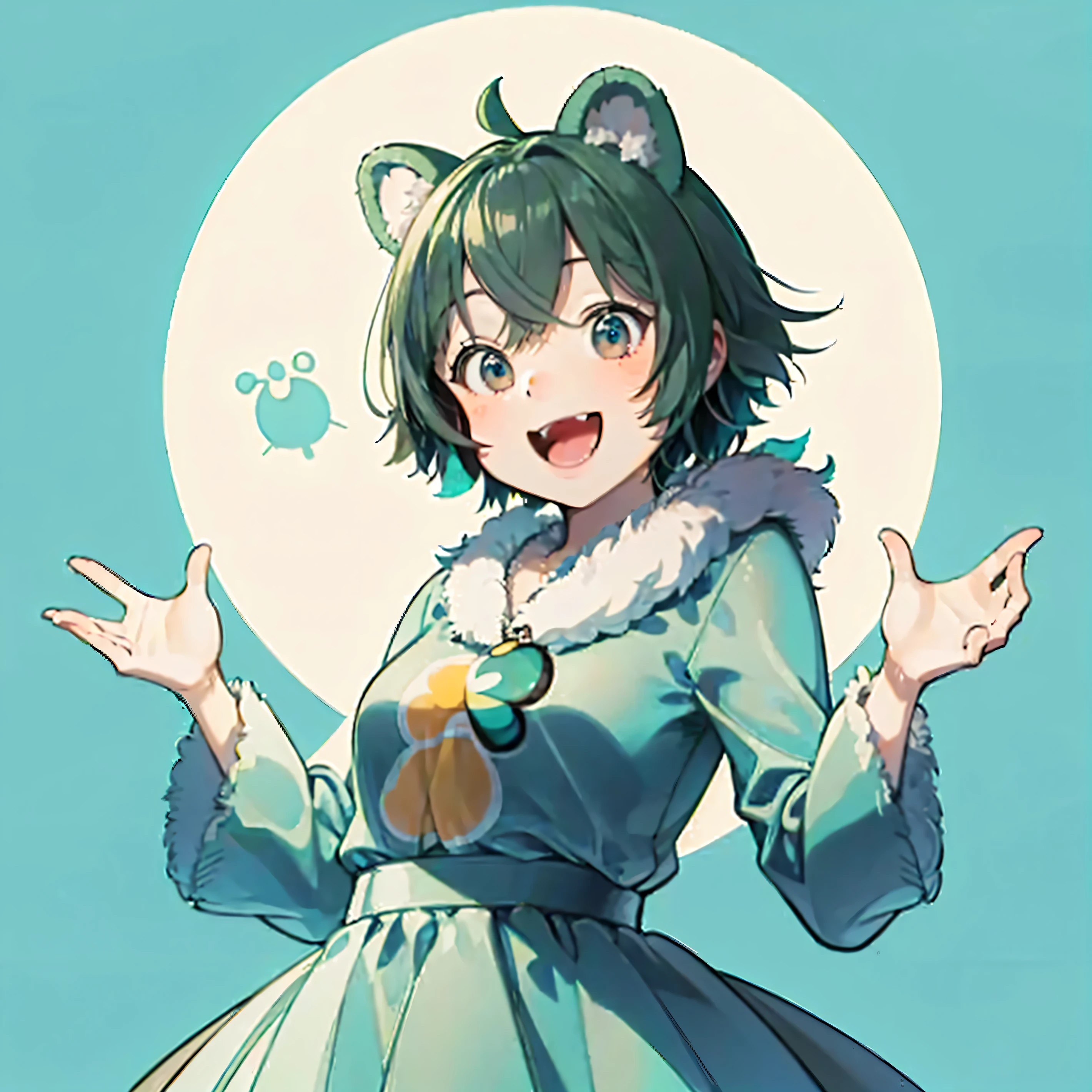 Green fur bear,Pixar-like refined characters,Disney,2:2,Body shape like Doraemon,Ultra HD,fur,Looking at me and laughing,Mouth open,Raising one hand,The belly is white,ears are big,Doll-like cuteness,More realistic