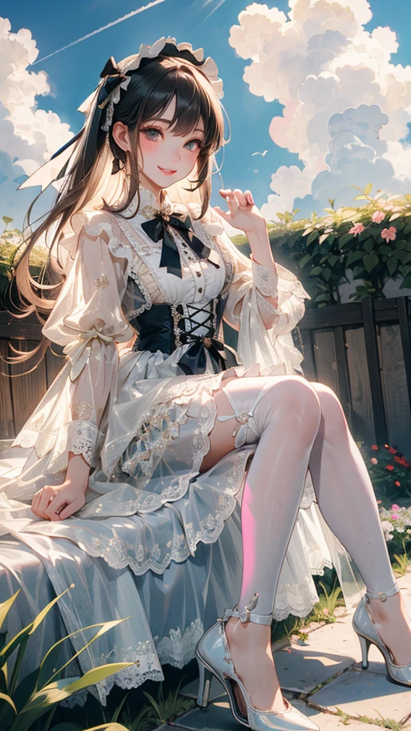 (Practical:1.3), Meticulous attention to detail, quality, (masterpiece:1.2), Delicate skin, (Intricate details), dramatic, Ray Tracing, 1 Girl, Smile, Very long hair, Bangs, Tutu,((ta_skirt)), have,Ribbon,Lace,stocking, High heel, (outdoor, Sunny Day, garden, cloud)
