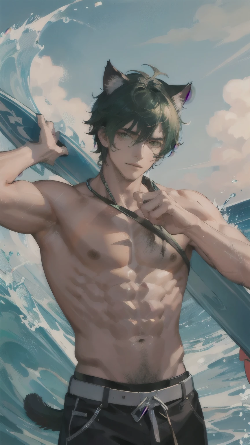 dark tanned skin，Handsome boy, Cat ears and tail, Shining eyes, (((Messy green short hair))), Very detailed portrait. The focus should be on his extremely detailed face,，muscular,Abdominal muscles，Chest muscles，Topless，surf