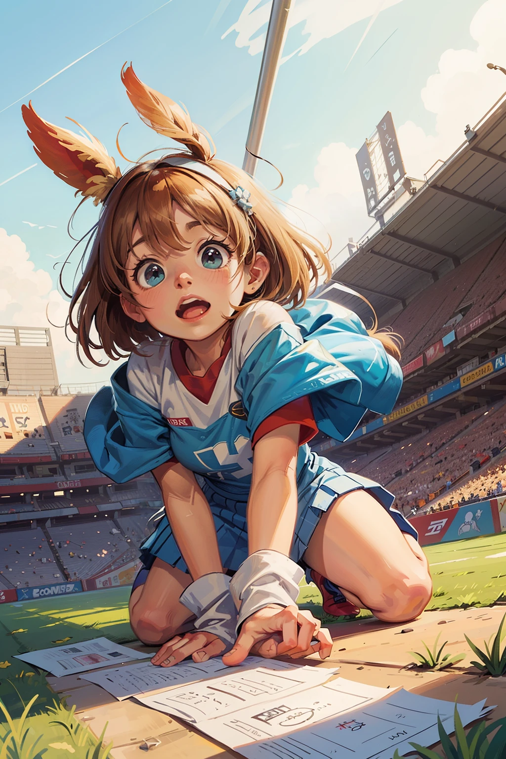 stadium, sunshine, flat, decorative, illustration, cartoon, ghibli,  background, painting, bright color, stroke