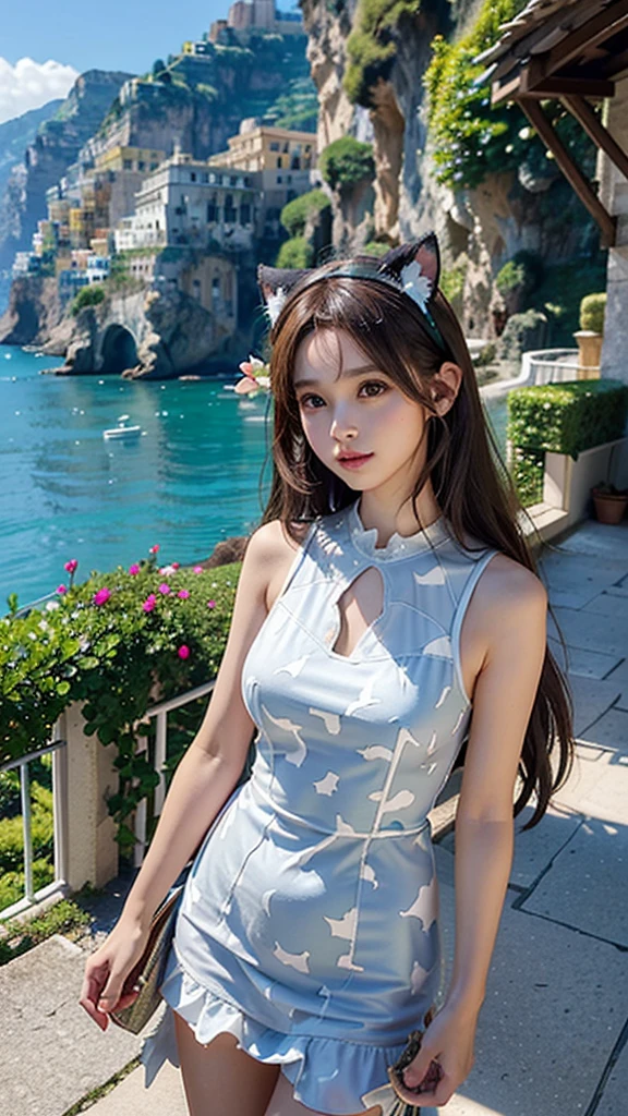Beautiful girl walking seashore,
the stunning Amalfi Coast in Italy, with viewers enjoying the traditional Italian lemon liqueur, Limoncello, in hand as they take in the breathtaking scenery,
Capture the picturesque coastal villages along the Amalfi Coast, such as Positano, Amalfi, and Ravello, with their colorful buildings cascading down the cliffs towards the azure Mediterranean Sea,
Focus on the rugged coastline, with images of dramatic cliffs, hidden coves, and crystal-clear waters that create a paradise-like setting for relaxation and exploration
(Cat ears:1.3), (Cow pattern dress:1.2),