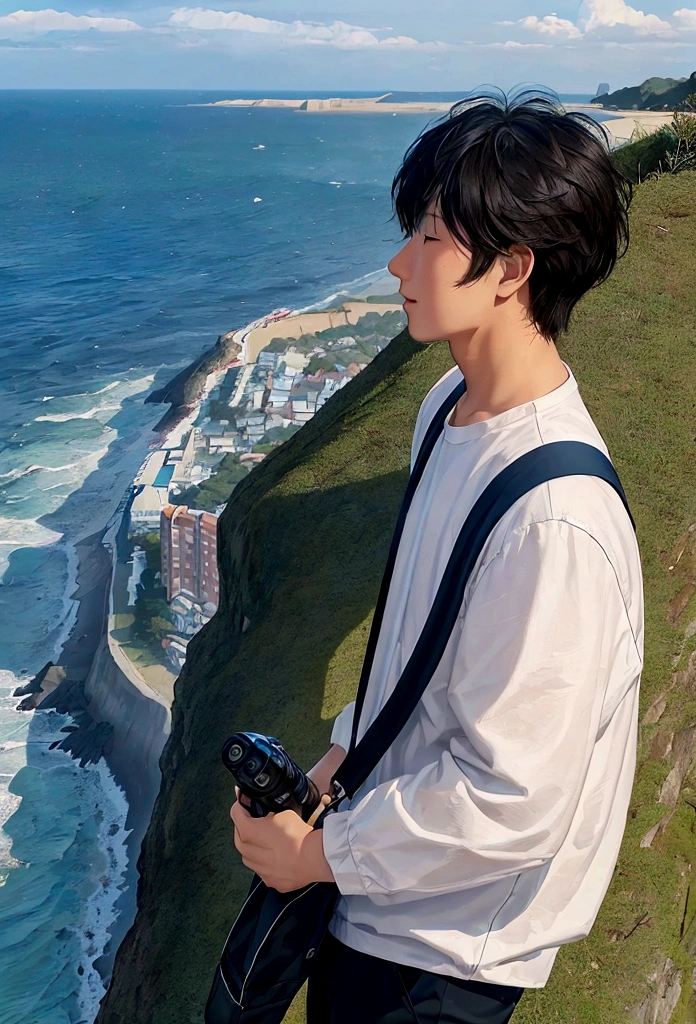 A young man,On the cliff by the sea,Looking at the sea level,Next to the man is a BYD Han car.,There is a bicycle next to him.,Man holding camera looking at the seaside,There is a kitten next to me。