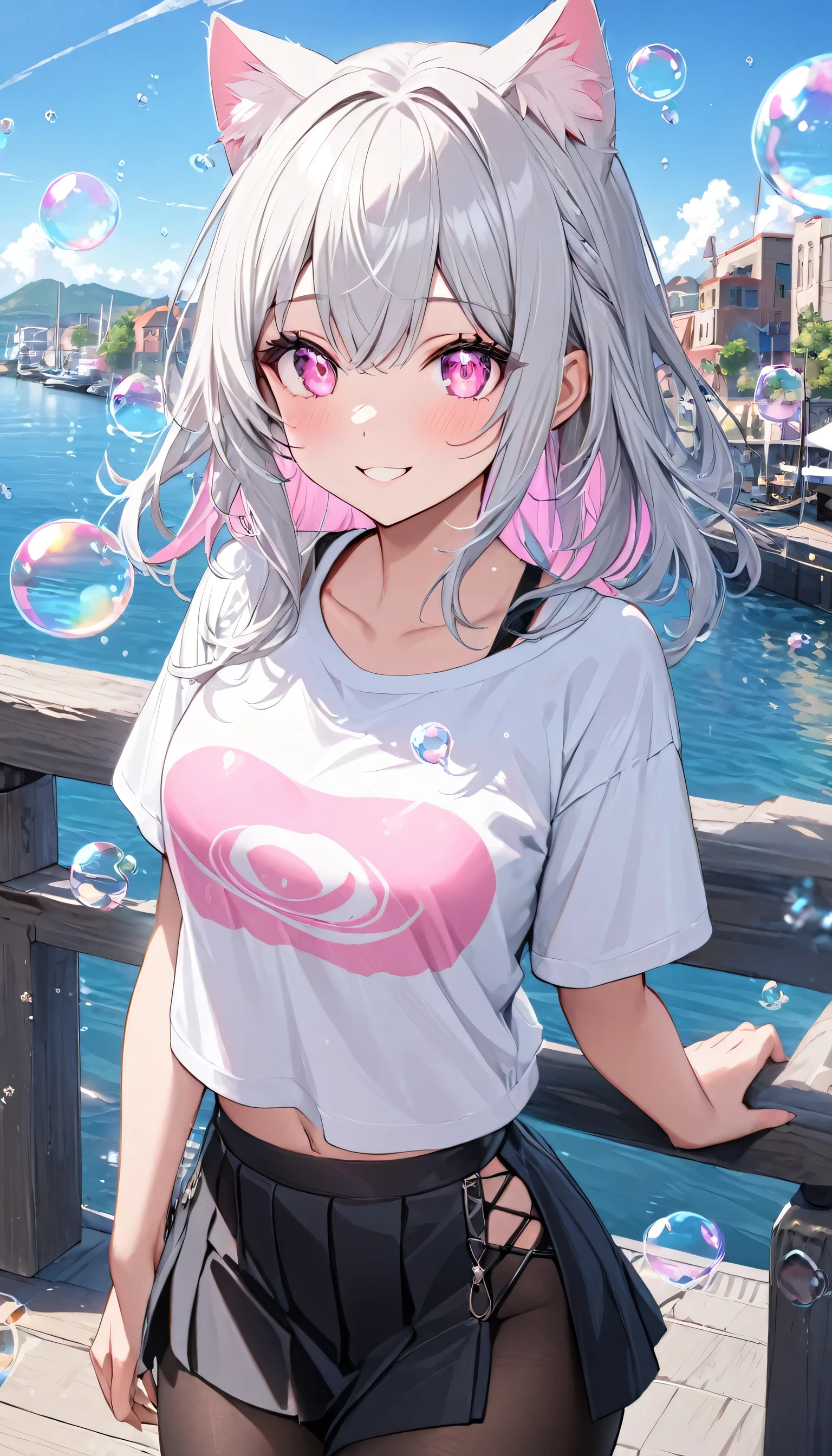 masterpiece,highest quality,Highly detailed face,fine grain,Waterfront,Bubble,Sparkling eyes,Highlighted eyes,Medium chest,pretty girl,smile,Cat ear,Beautiful silver hair,Pink inside,Beautiful pink eyes,Oversized shirt、skirt、black tights, Crop top outfit