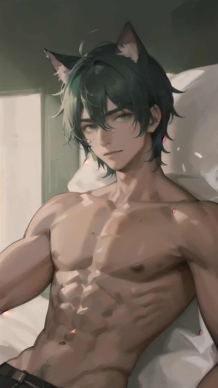 dark tanned skin，Handsome boy, Cat ears and tail, Shining eyes, (((Messy green short hair))), Very detailed portrait. The focus should be on his extremely detailed face,，muscular,Abdominal muscles，Chest muscles，Topless，Lazy sleep