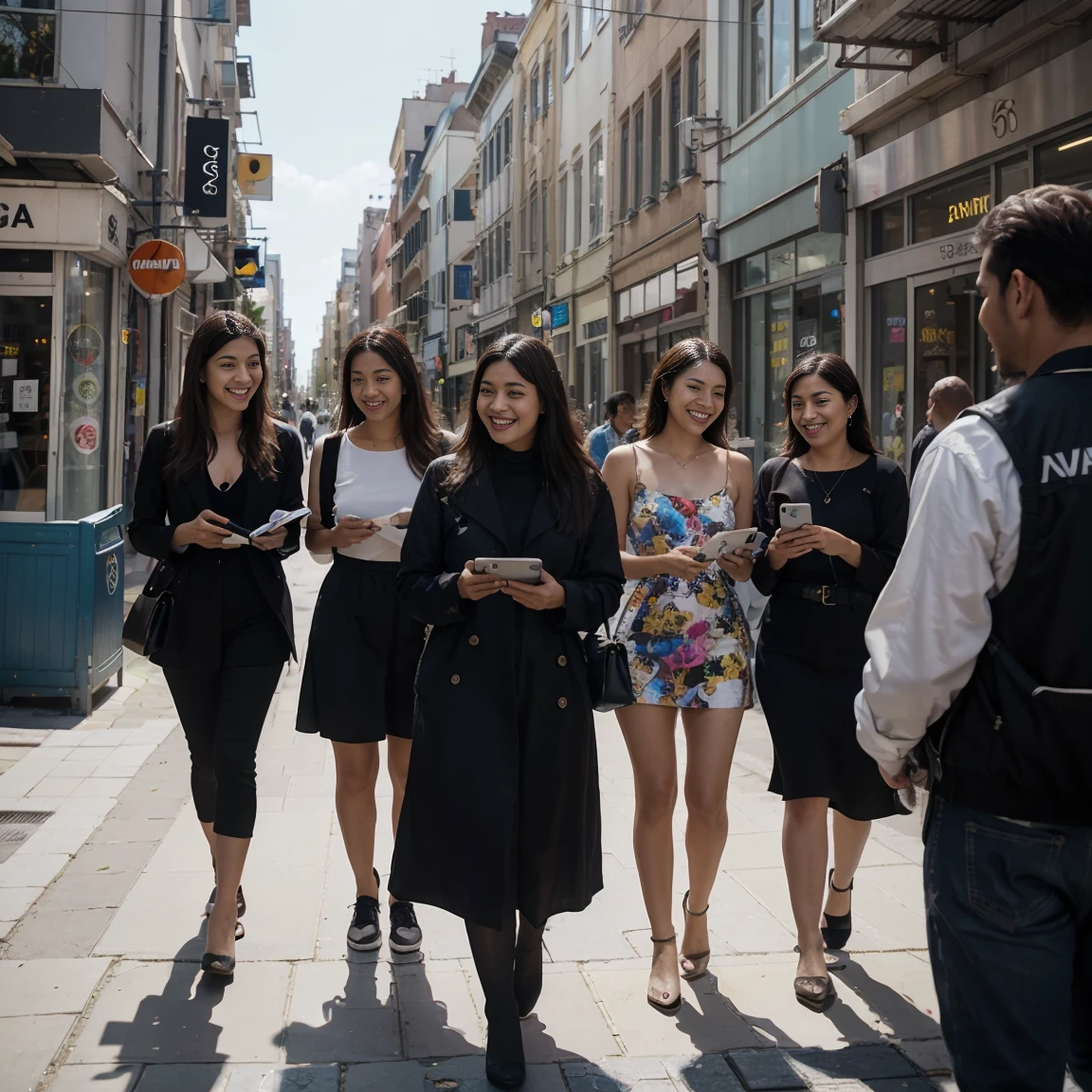 A group of diverse people happily using split pay on their smartphones, vibrant urban setting, cityscape in the background. Bright and colorful, dynamic interaction, straight-on view. Created Using: street photography, candid shots, urban realism, bright sunlight, natural shadows, high-contrast, social connectivity, hd quality --v 6.0