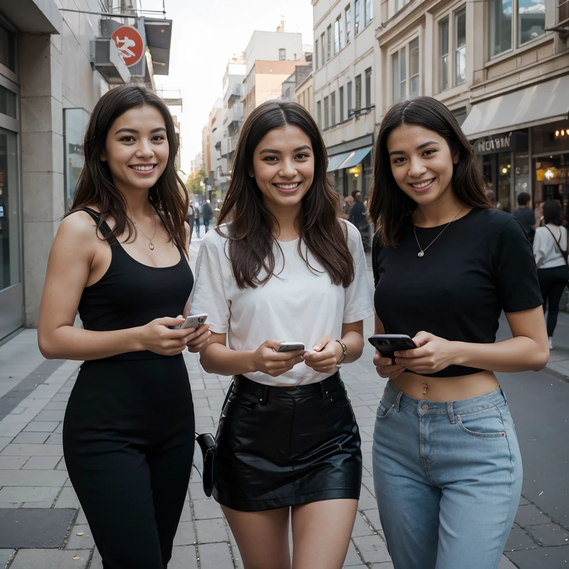 A group of diverse people happily using split pay on their smartphones, vibrant urban setting, cityscape in the background. Bright and colorful, dynamic interaction, straight-on view. Created Using: street photography, candid shots, urban realism, bright sunlight, natural shadows, high-contrast, social connectivity, hd quality --v 6.0